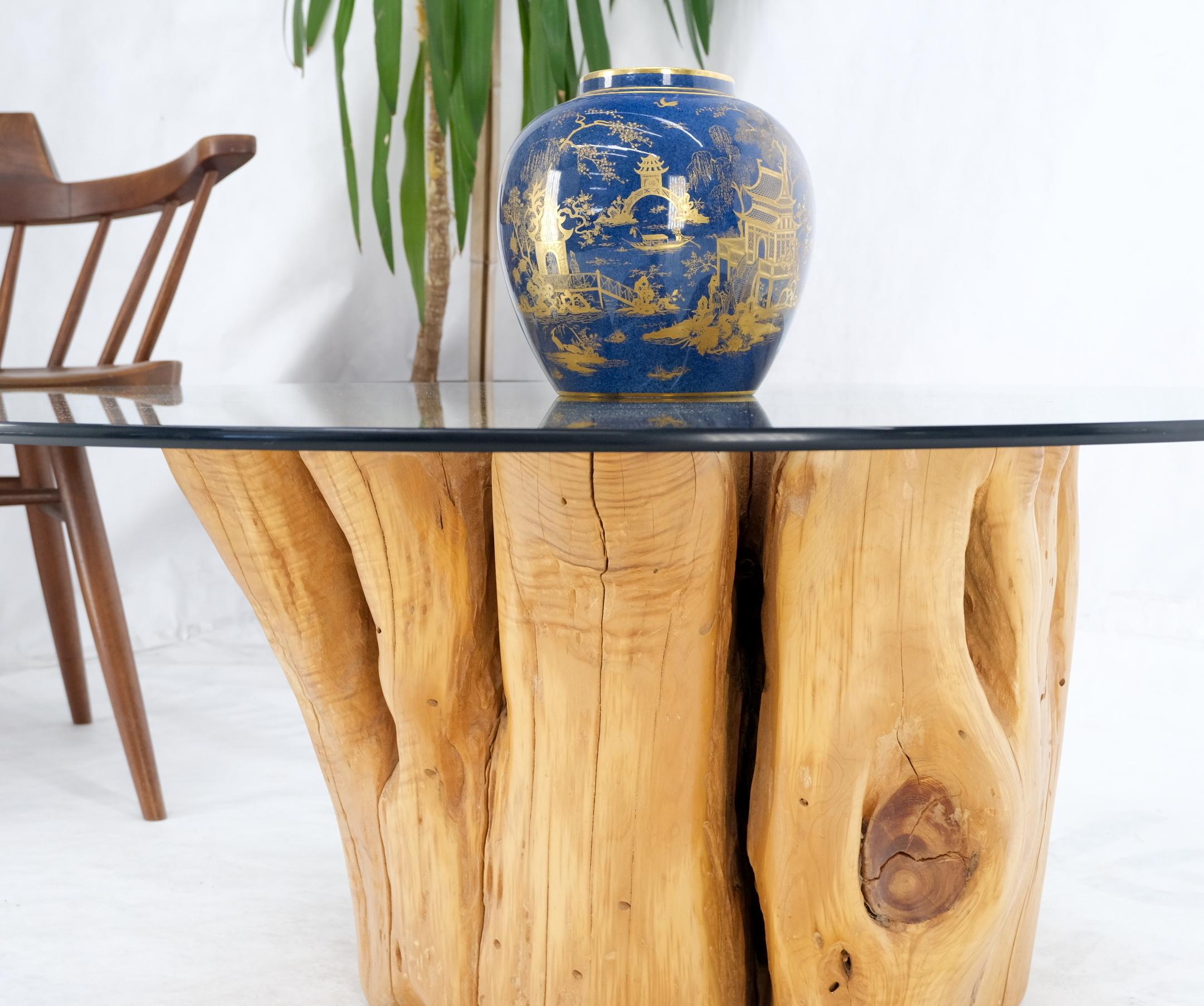 20th Century Large Pedestal Natural Blond Wood Tree Stump Base Round Glass Top Coffee Table  For Sale