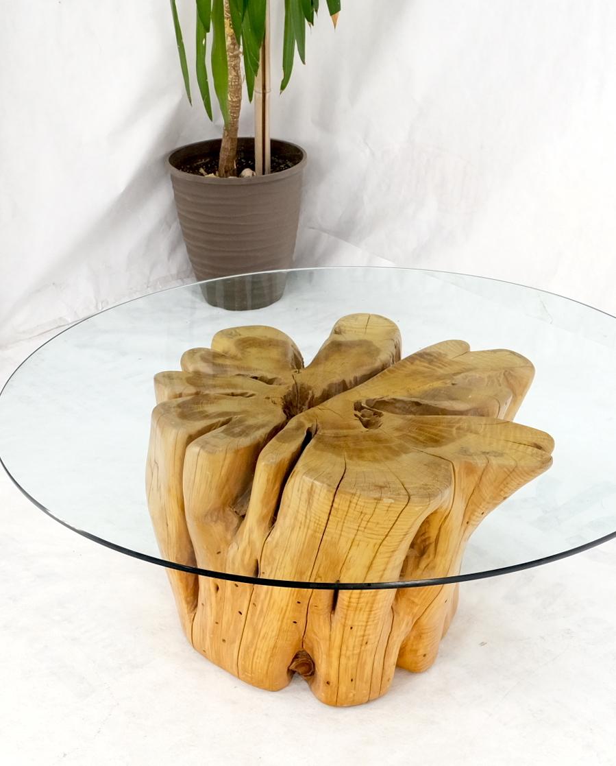 Large Pedestal Natural Blond Wood Tree Stump Base Round Glass Top Coffee Table  For Sale 5