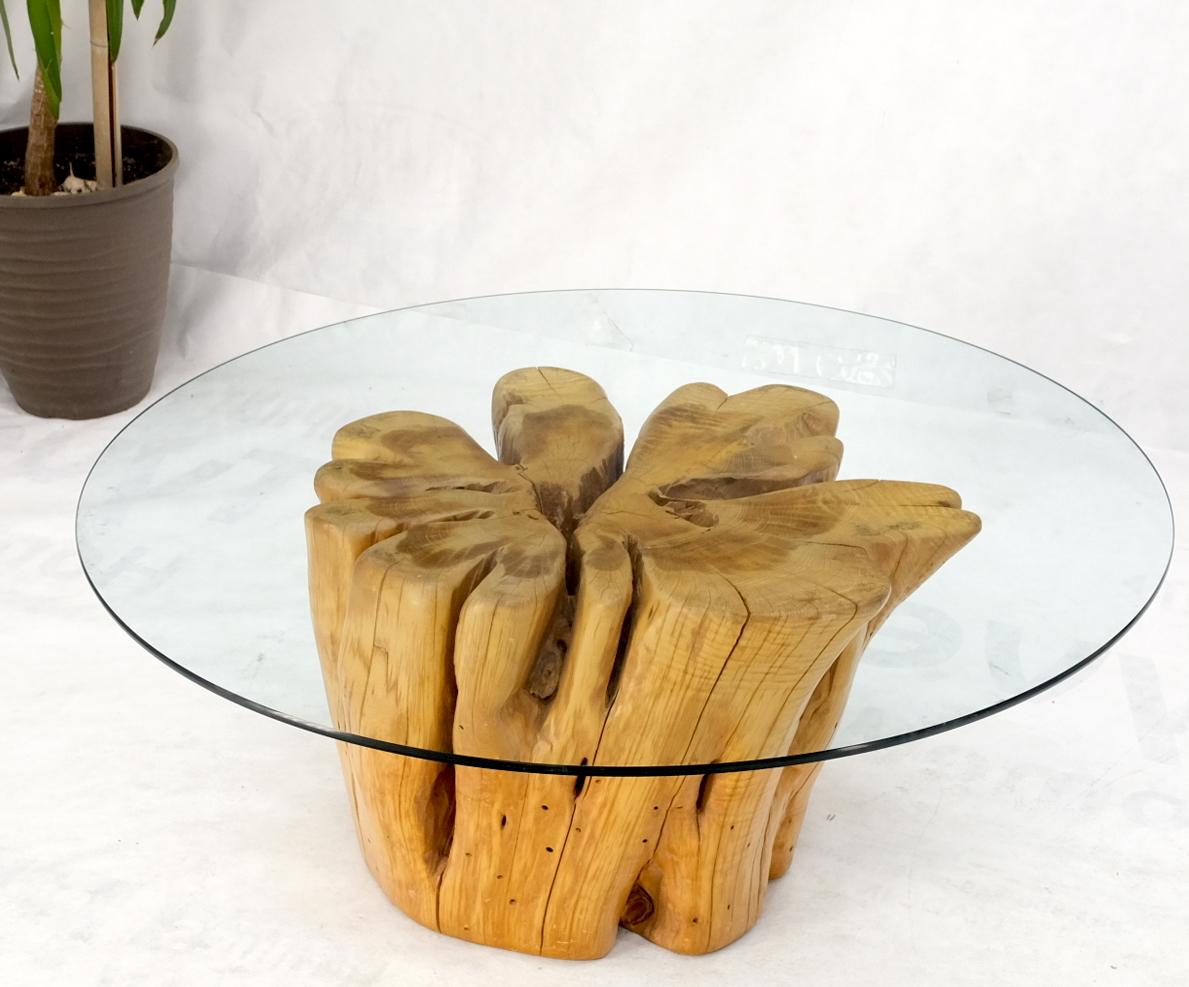 Large Pedestal Natural Blond Wood Tree Stump Base Round Glass Top Coffee Table  For Sale 6