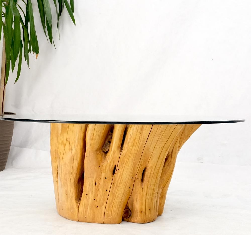 Large Pedestal Natural Blond Wood Tree Stump Base Round Glass Top Coffee Table  For Sale 7