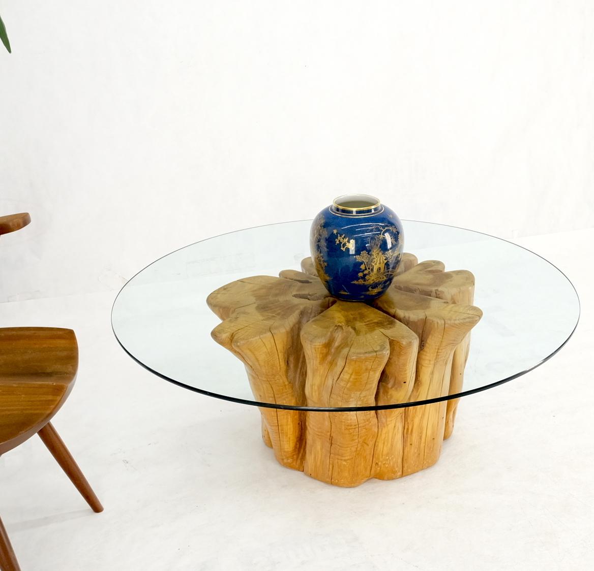 Varnished Large Pedestal Natural Blond Wood Tree Stump Base Round Glass Top Coffee Table  For Sale