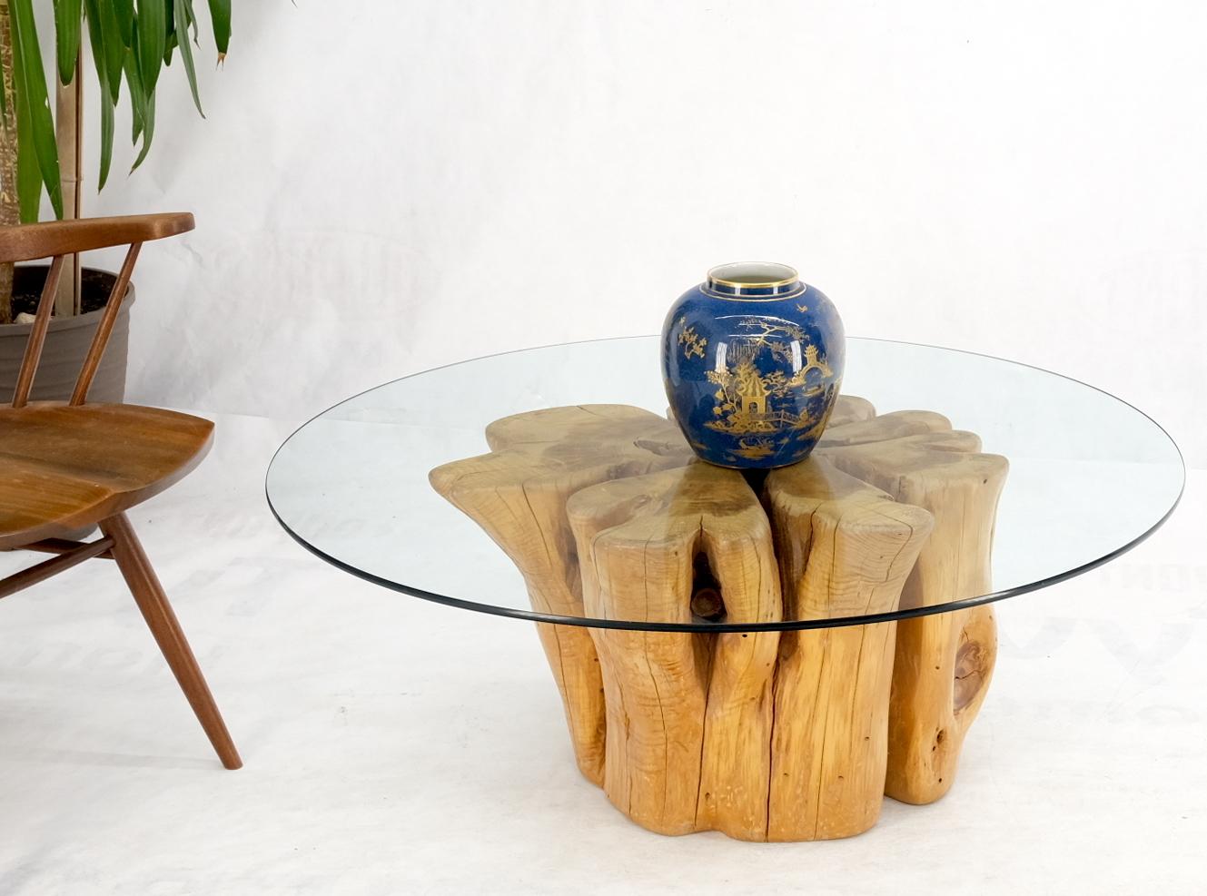 Large Pedestal Natural Blond Wood Tree Stump Base Round Glass Top Coffee Table  In Good Condition For Sale In Rockaway, NJ