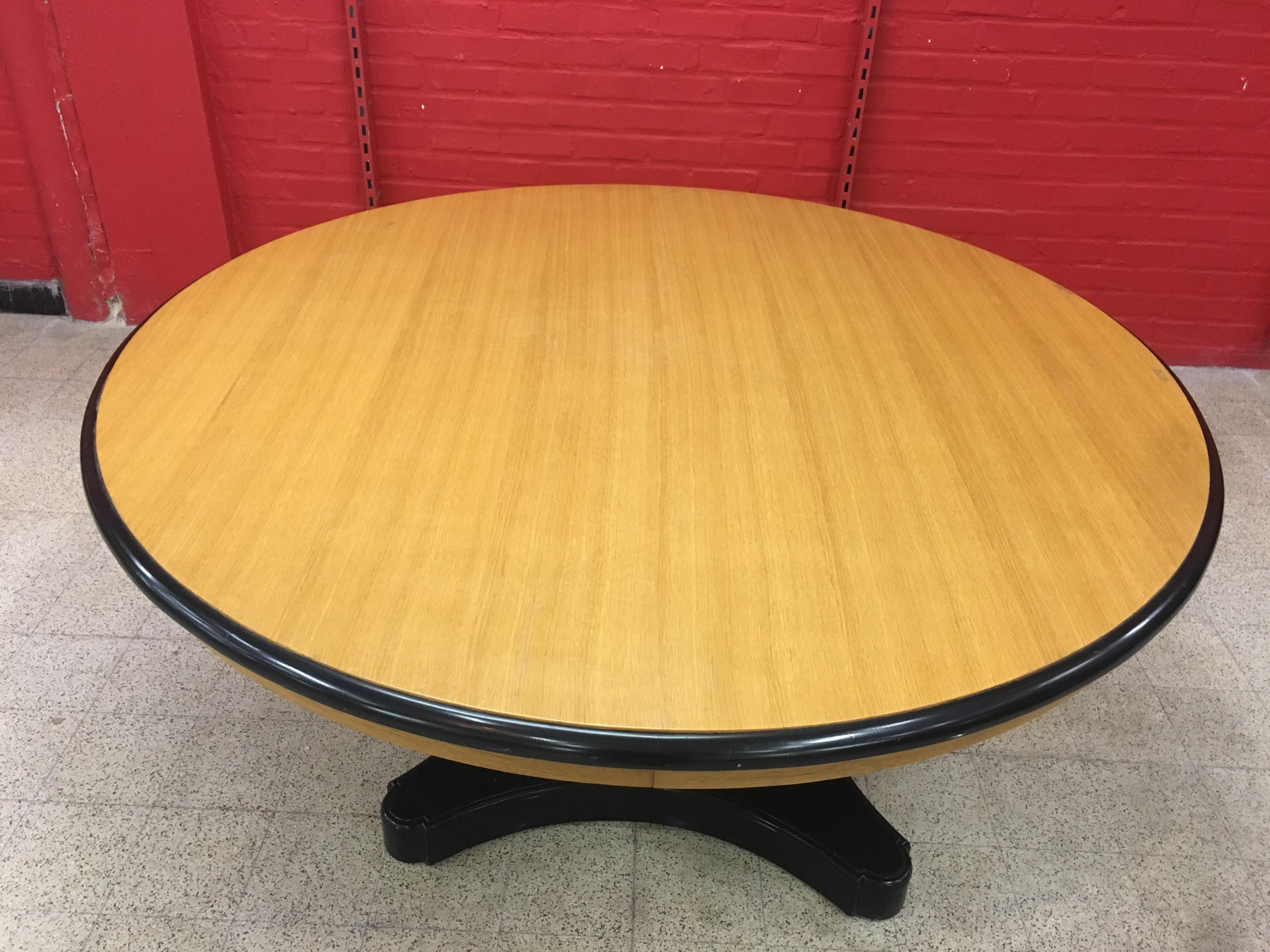 Mid-Century Modern Large Pedestal Table in Light Oak and Blackened Oak Attributed to Decoene Freres For Sale