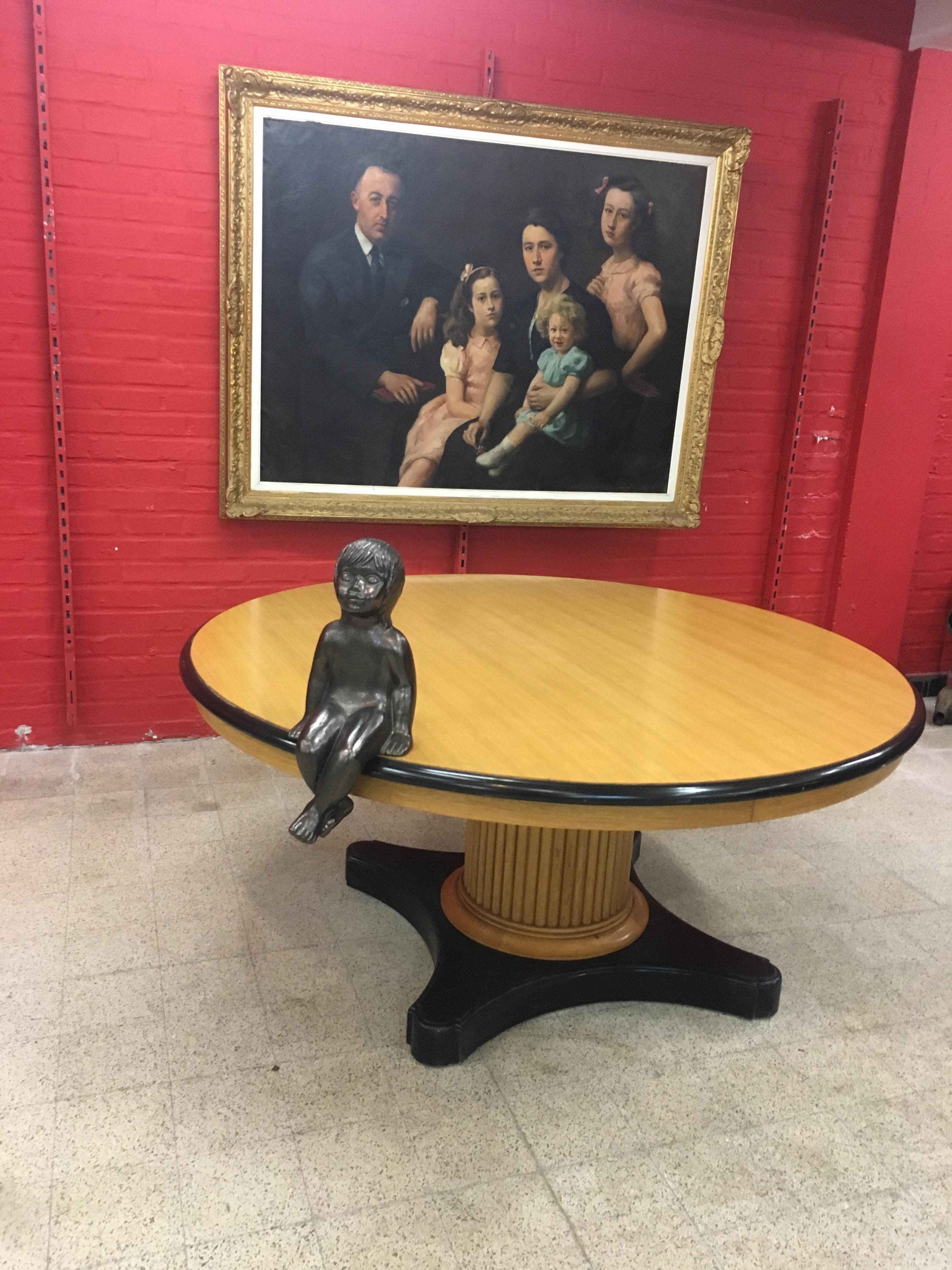 Large Pedestal Table in Light Oak and Blackened Oak Attributed to Decoene Freres For Sale 2