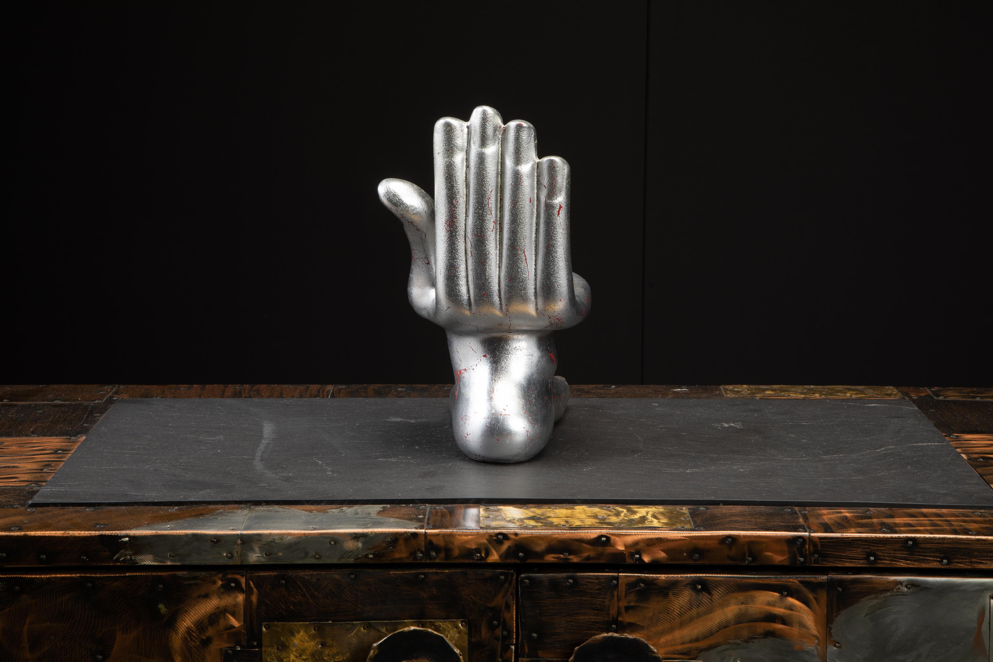 Large Pedro Friedeburg Silver Leaf Hand Foot Sculpture with COA, Signed In Excellent Condition In Los Angeles, CA