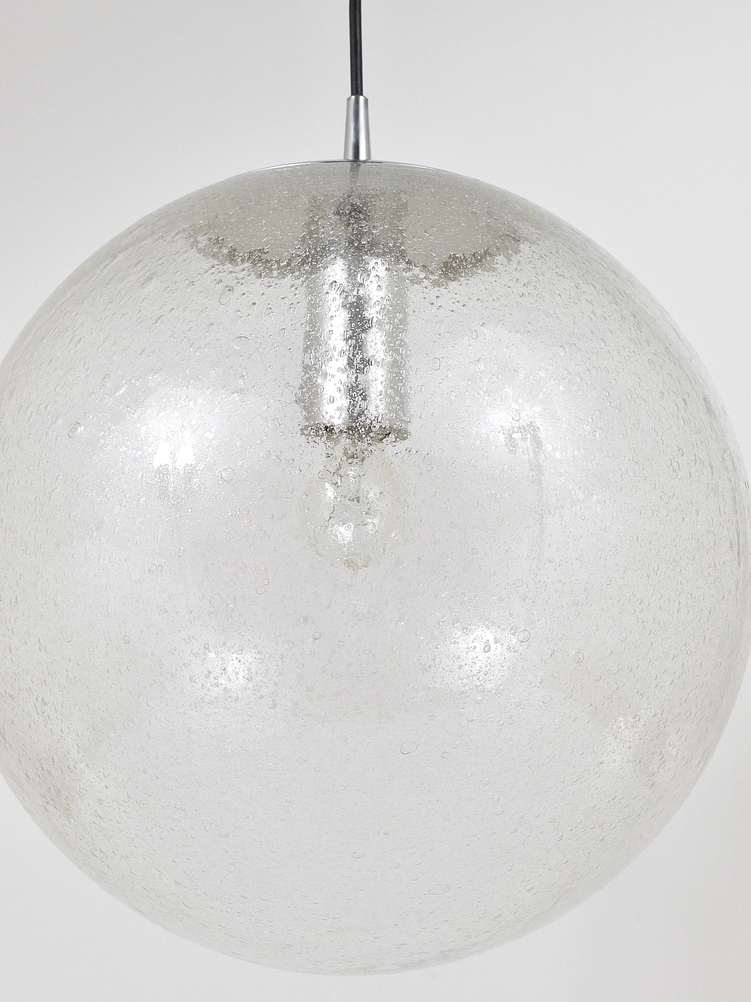 Late 20th Century Large Peil & Putzler Bubble Glass and Chrome Globe Pendant Lamp, Germany, 1970s For Sale