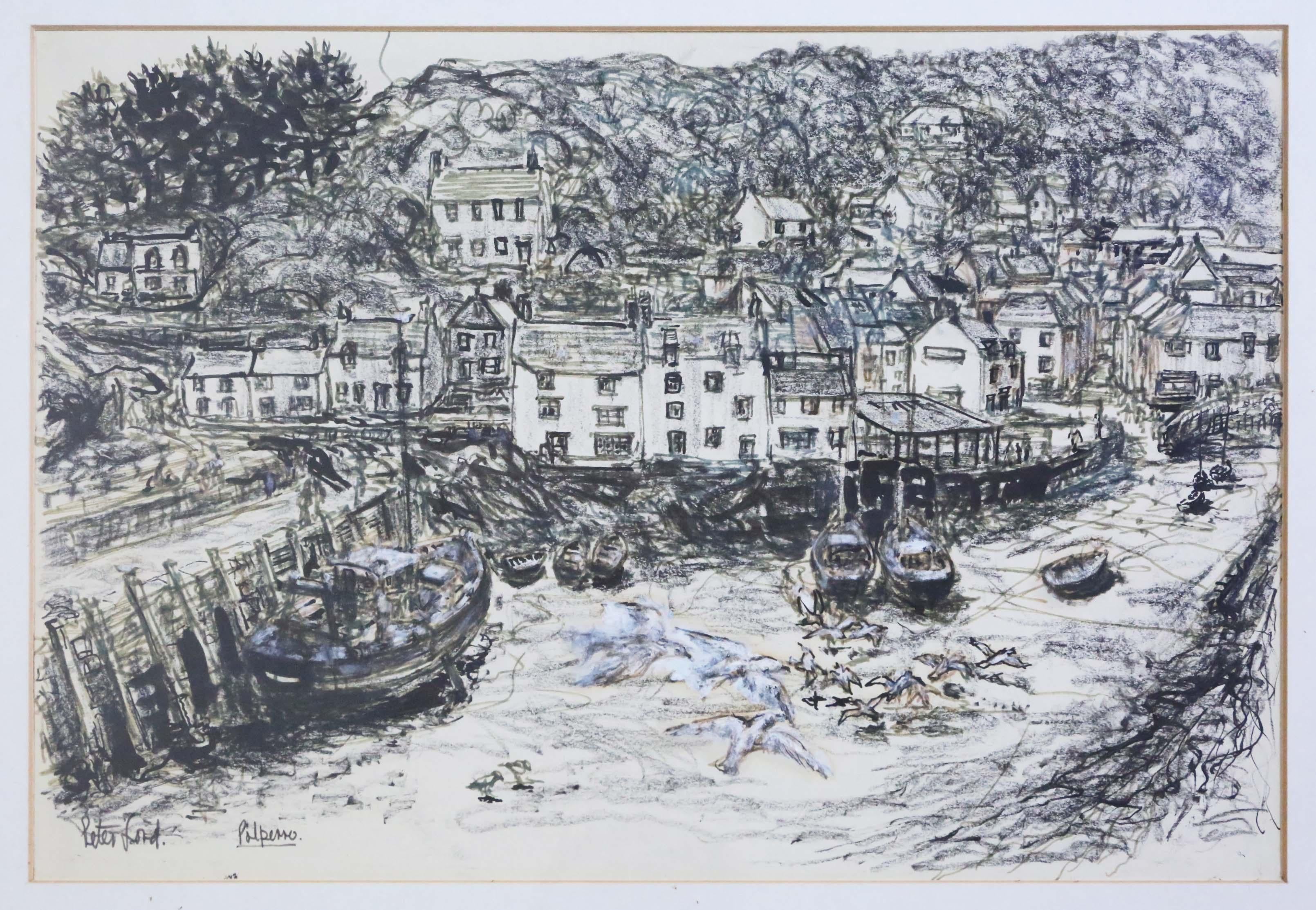 Large fine quality pencil, paint, ink and pastel original vintage / antique drawing painting artwork, depicting Polperro Harbour in Cornwall by Peter Ford C1960-70.

Something really different that would look great in the right location!

In