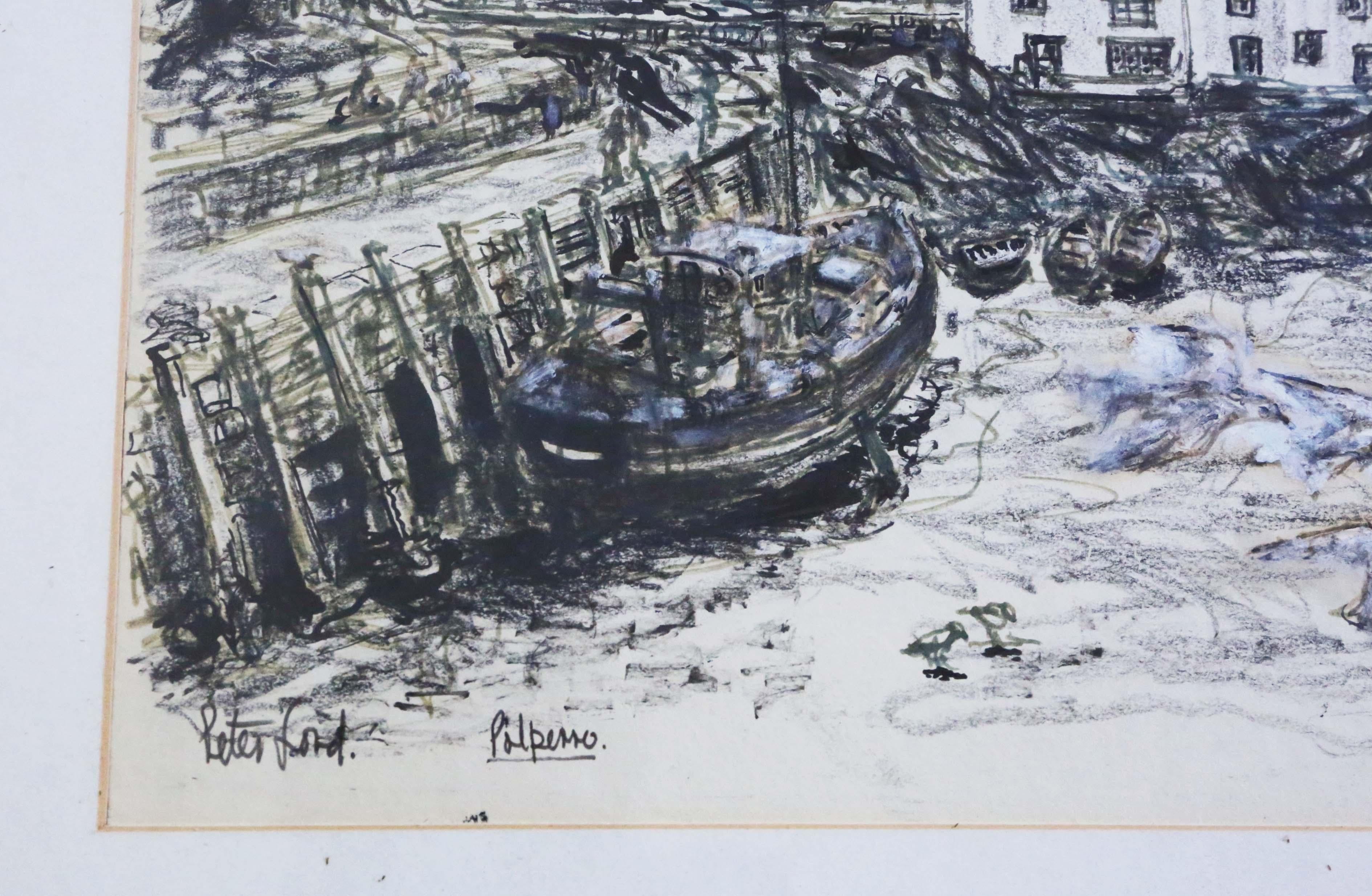 Large Pen and Wash Painting Artwork Polperro Harbour by Peter Ford Vintage In Good Condition In Wisbech, Cambridgeshire