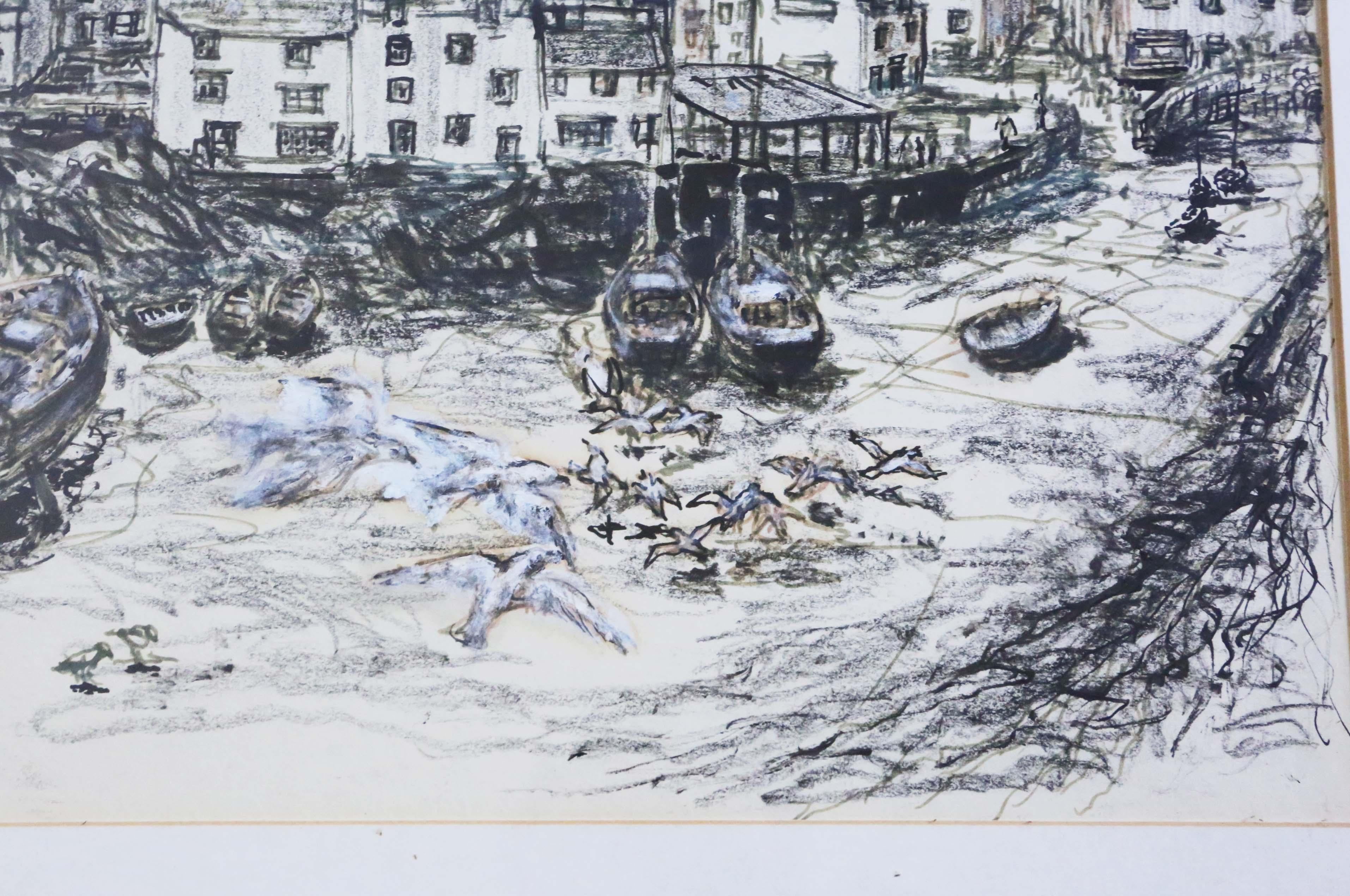 Mid-20th Century Large Pen and Wash Painting Artwork Polperro Harbour by Peter Ford Vintage