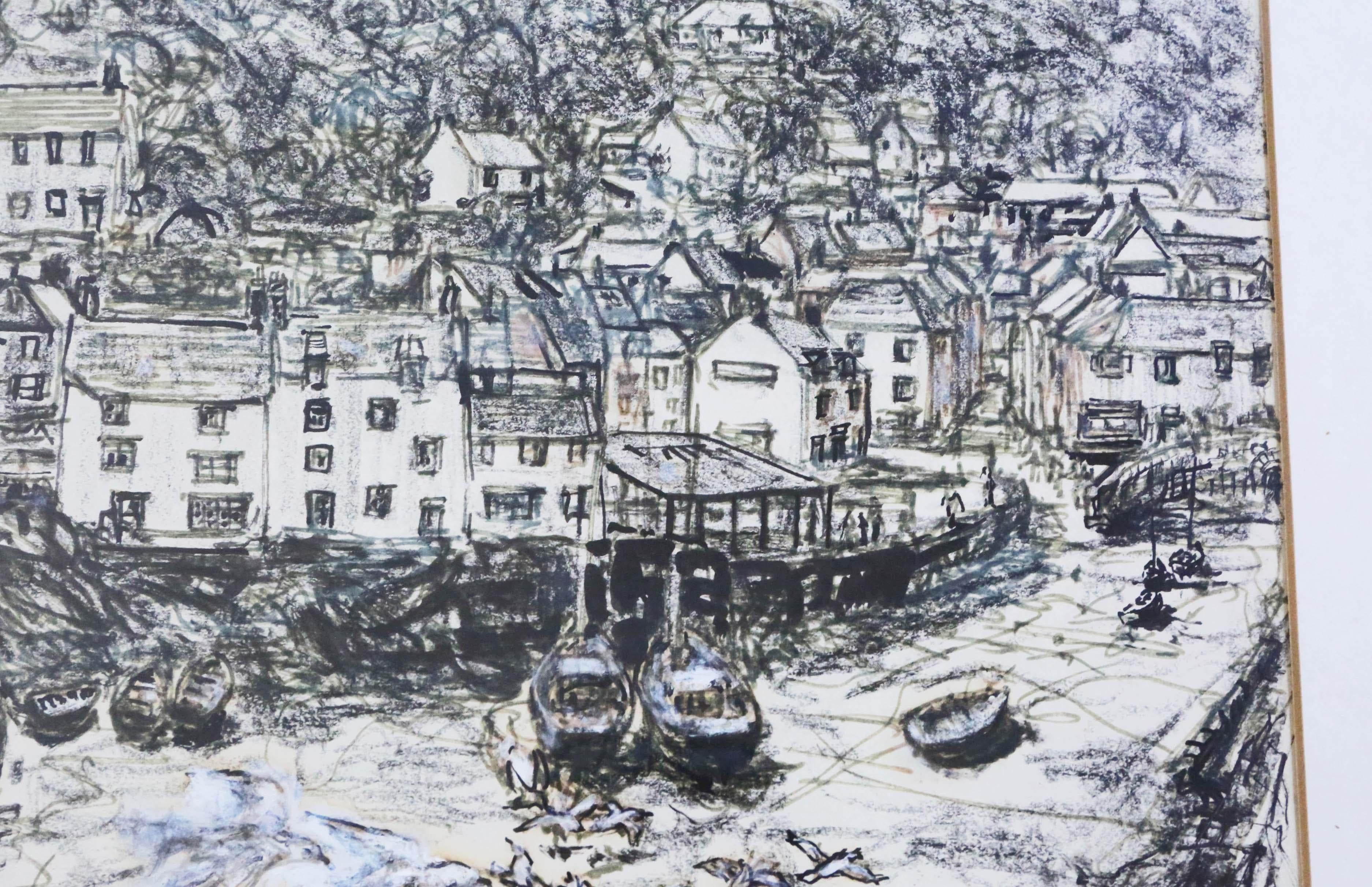 Large Pen and Wash Painting Artwork Polperro Harbour by Peter Ford Vintage 1