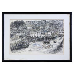 Large Pen and Wash Painting Artwork Polperro Harbour by Peter Ford Vintage Large Pen and Wash Painting Artwork Polperro Harbour by Peter Ford Vintage