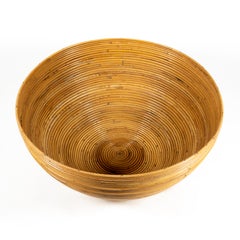 Large Pencil Reed Bamboo Rattan Coiled Farmhouse Planter Bowl Basket, Italy 1970