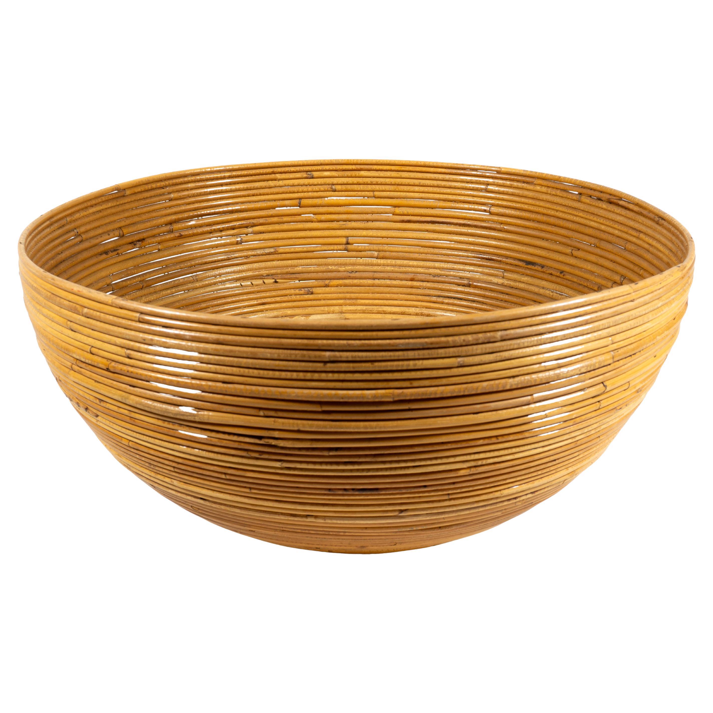 Large Pencil Reed Bamboo Rattan Coiled Farmhouse Planter Bowl Basket, Italy 1970