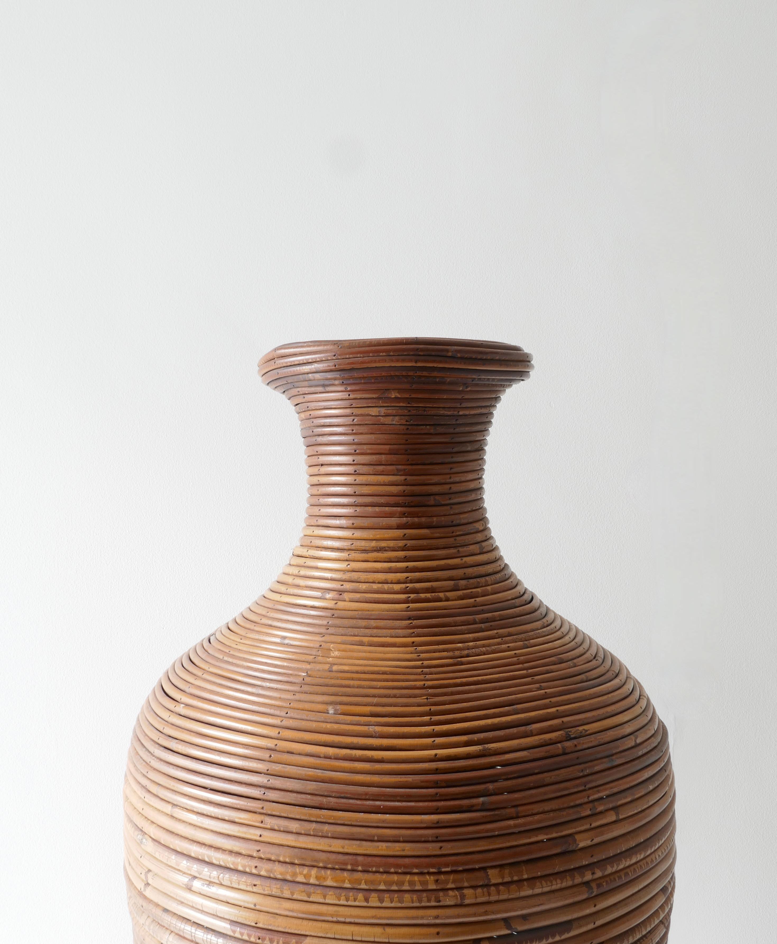 Mid-20th Century Large Pencil Reed Rattan Floor Vase, Italy 1960s For Sale