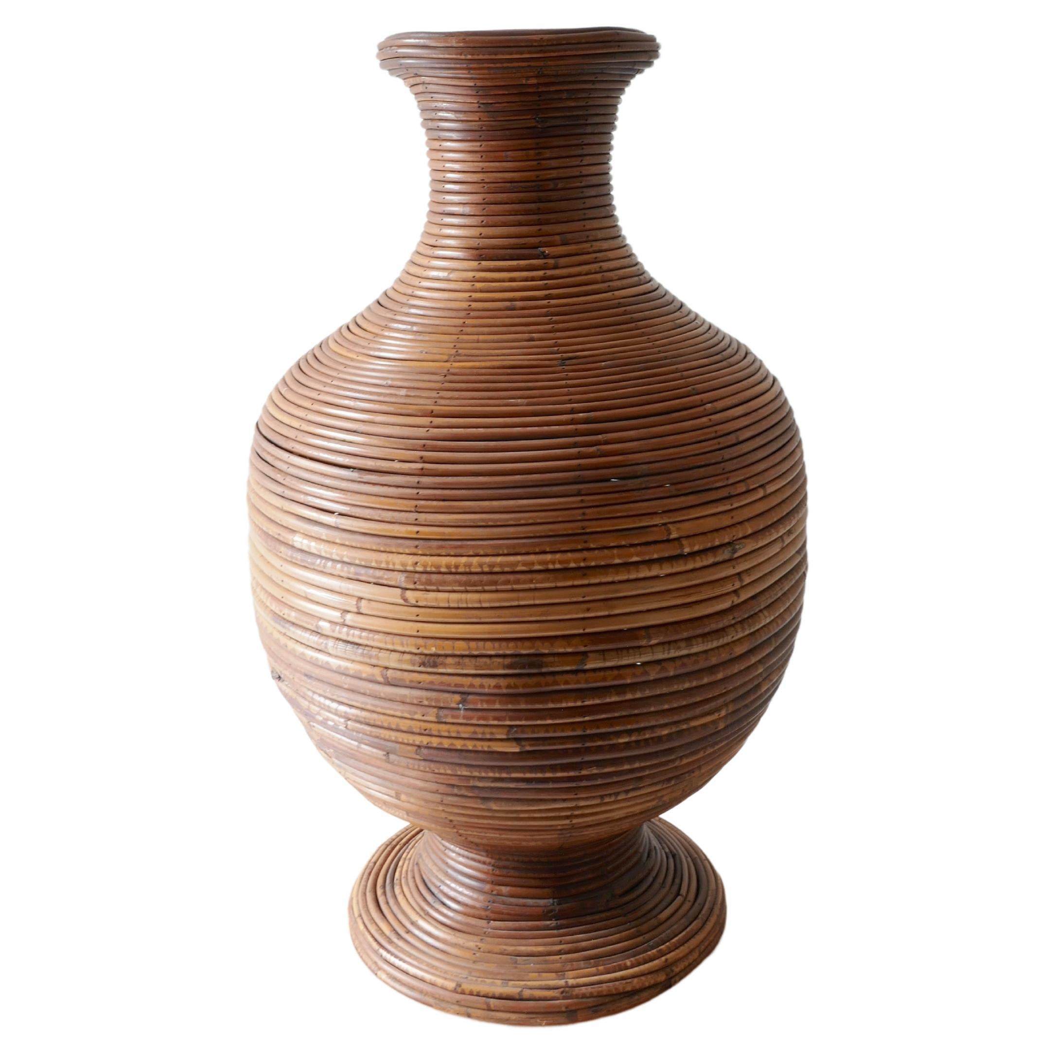Large Pencil Reed Rattan Floor Vase, Italy 1960s For Sale