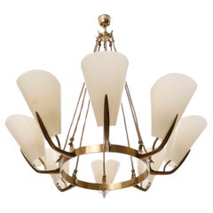 Grande lampadario a sospensione, ottone champagne ambra plexiglass vetro acrilico, 1960