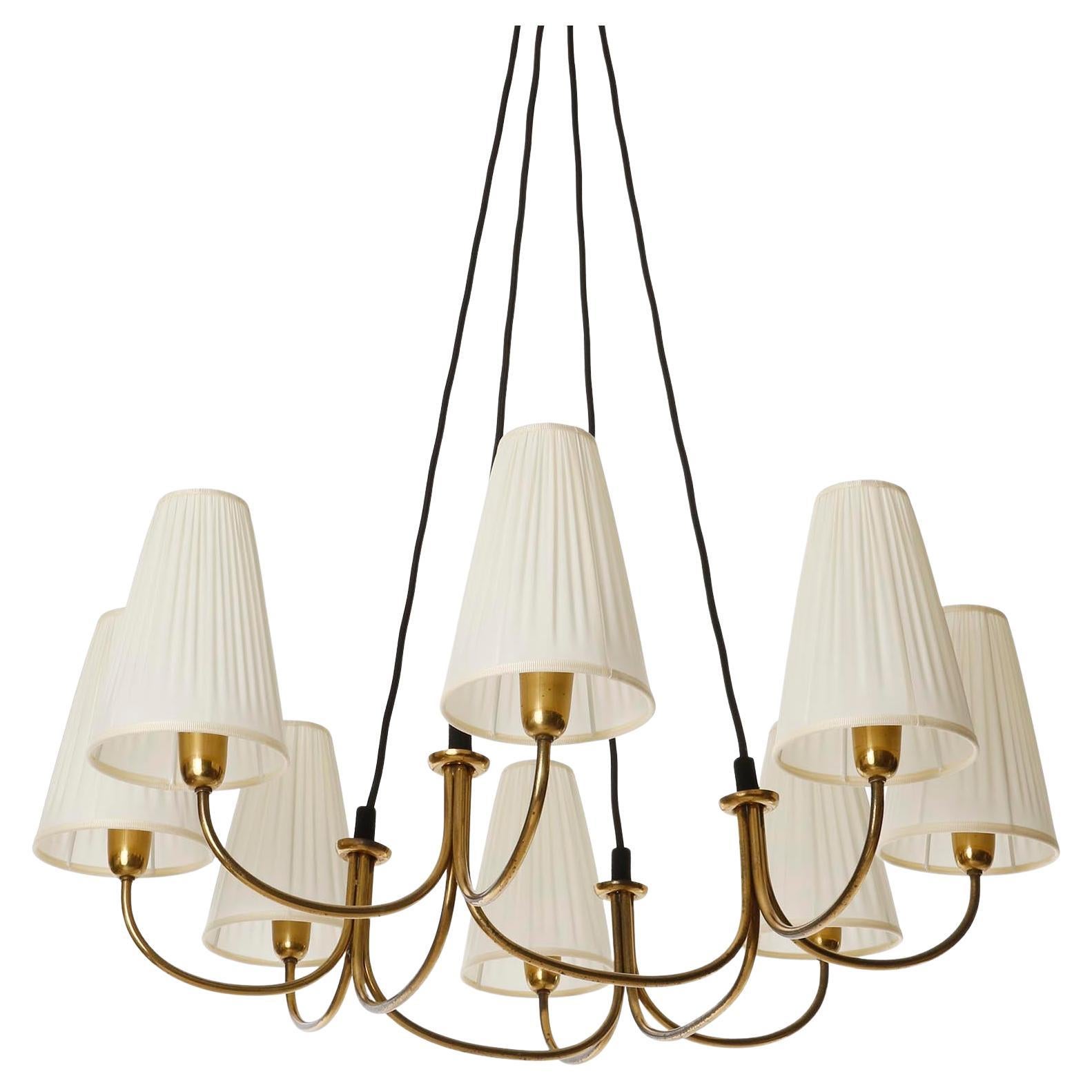 Austrian Large Pendant Chandelier Rupert Nikoll, Brass Pleated Cream Fabric Shades, 1950s
