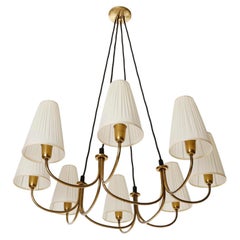 Large Pendant Chandelier Rupert Nikoll, Brass Pleated Cream Fabric Shades, 1950s