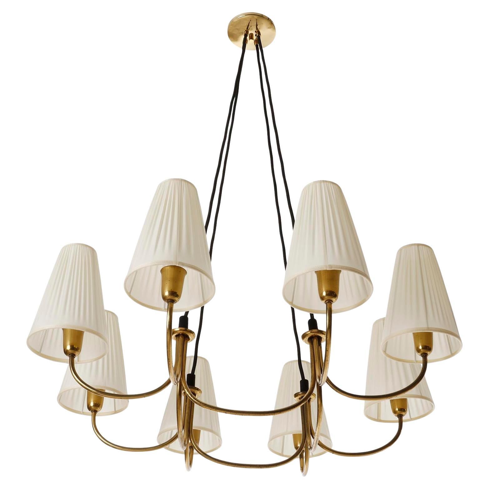 Mid-Century Modern Large Pendant Chandelier Rupert Nikoll, Brass Pleated Cream Fabric Shades, 1950s