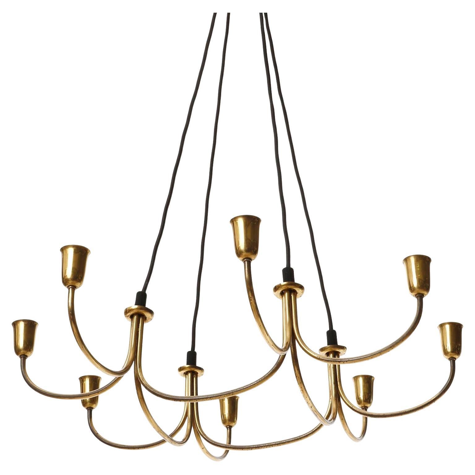 Large Pendant Chandelier Rupert Nikoll, Brass Pleated Cream Fabric Shades, 1950s 2