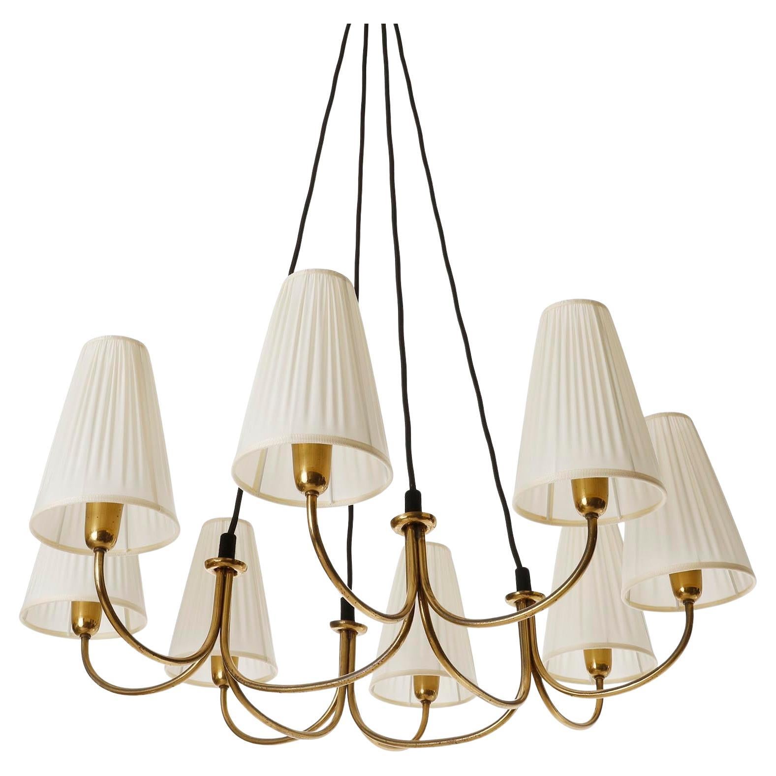 Polished Large Pendant Chandelier Rupert Nikoll, Brass Pleated Cream Fabric Shades, 1950s