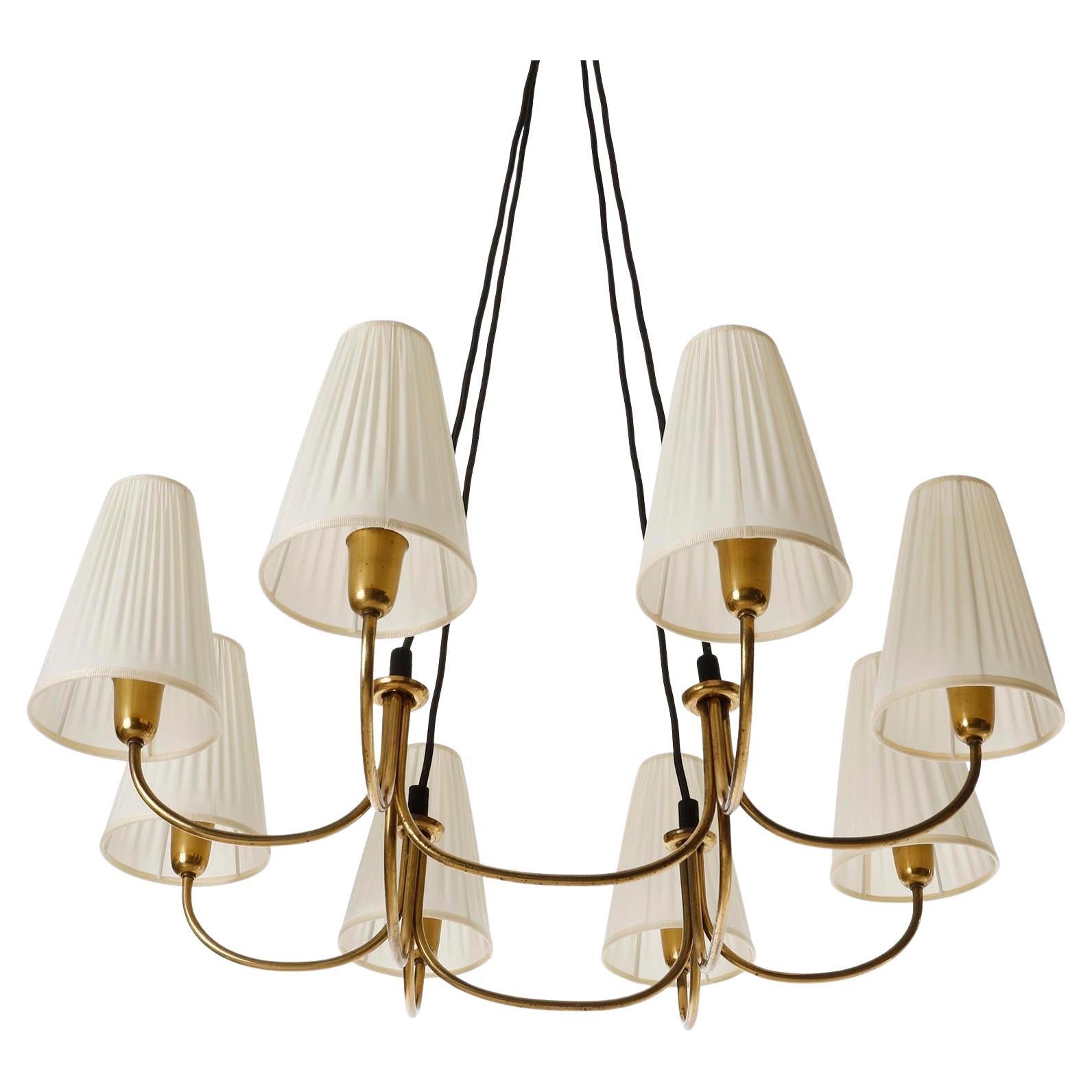 Mid-20th Century Large Pendant Chandelier Rupert Nikoll, Brass Pleated Cream Fabric Shades, 1950s