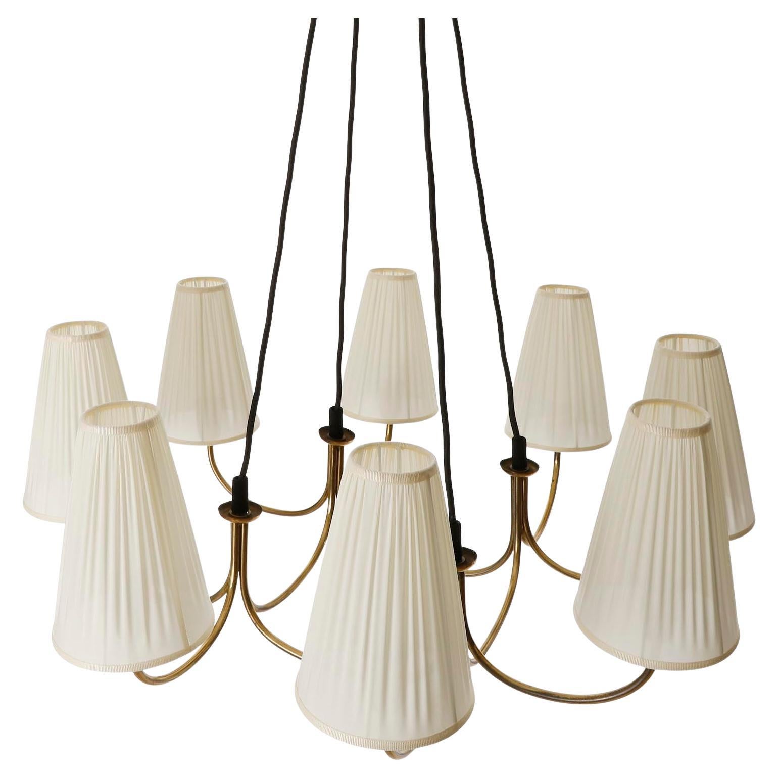 Large Pendant Chandelier Rupert Nikoll, Brass Pleated Cream Fabric Shades, 1950s 1