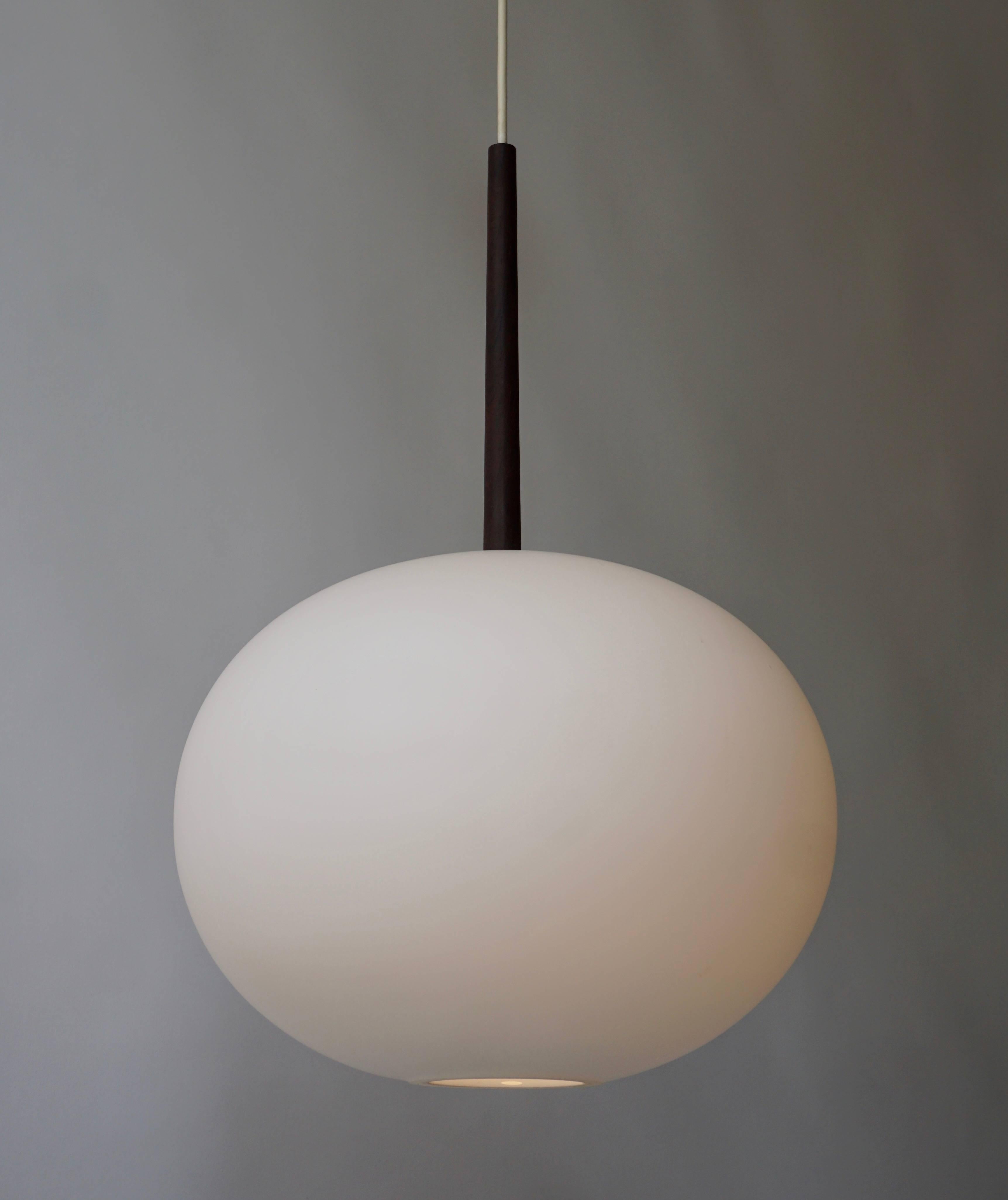 Mid-Century Modern Large Pendant in Oak and Opaline Glass by Luxus, Sweden