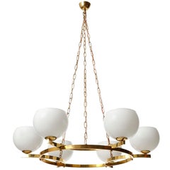 Large Pendant Light Chandelier, Opal Glass Brass, 1960