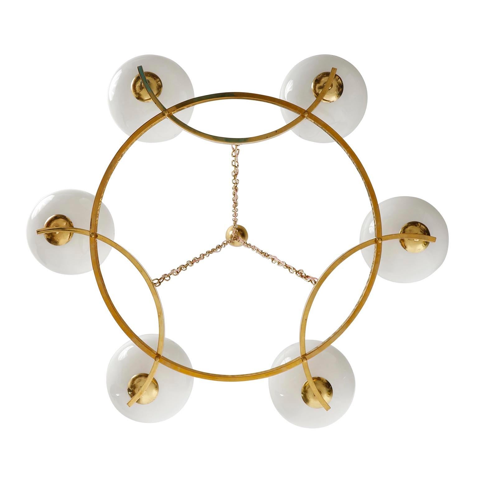 Large Pendant Light Chandelier, Opal Glass Brass, 1960 In Good Condition In Hausmannstätten, AT