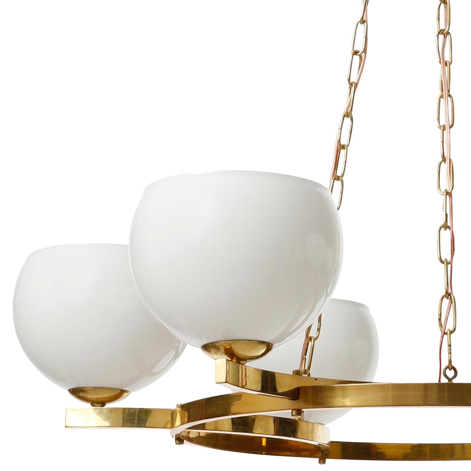 Large Pendant Light Chandelier, Opal Glass Brass, 1960 1