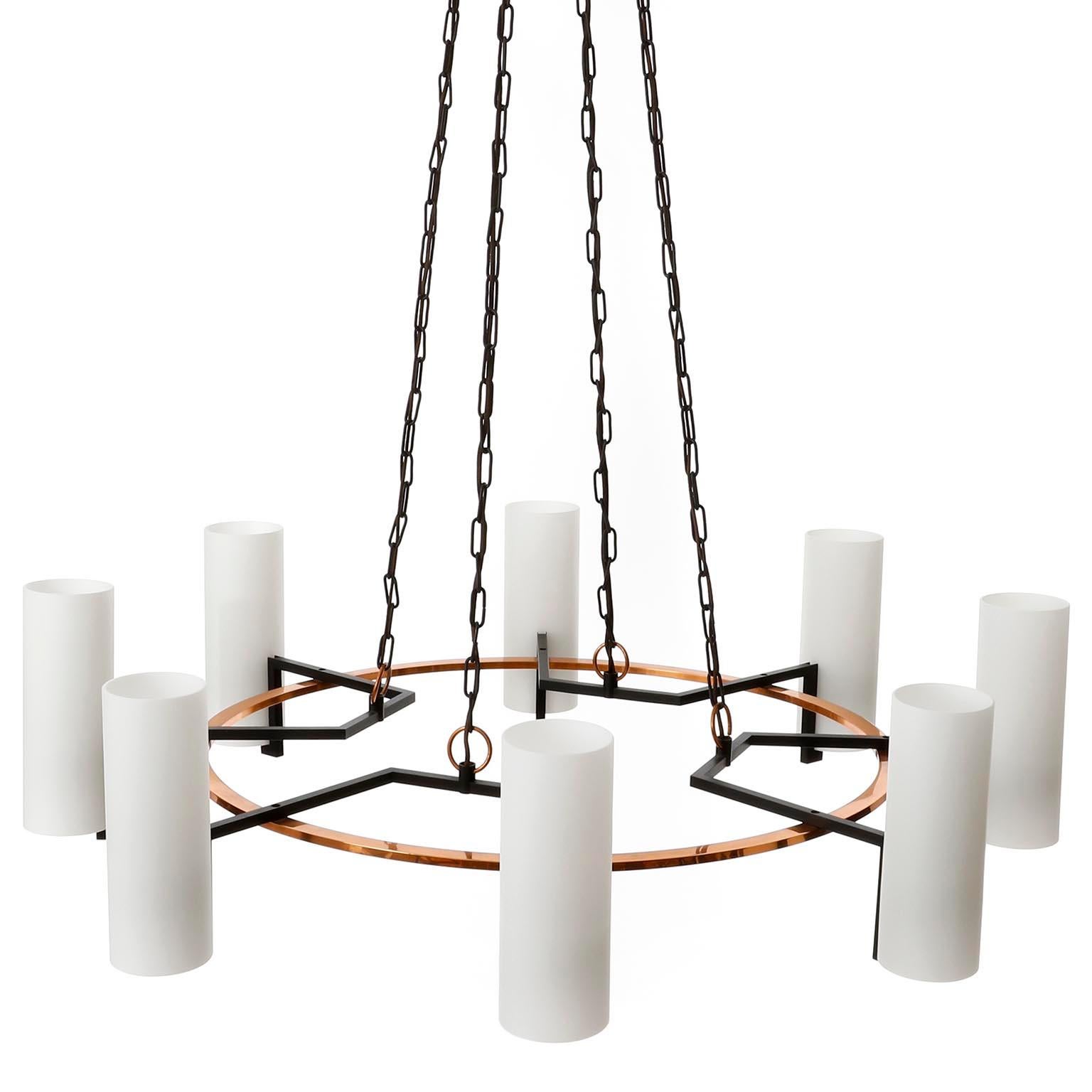 Late 20th Century Mid-Century Modern Pendant Light Chandelier, Opal Glass Copper Black Metal, 1970 For Sale