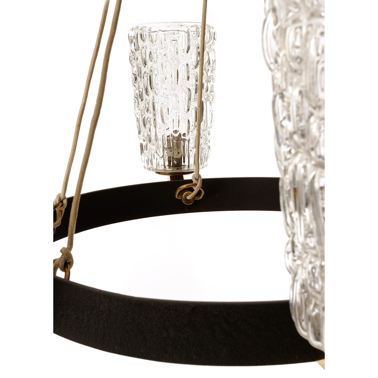 Large Pendant Light Chandelier, Rupert Nikoll, Glass Brass Black Iron, 1960 For Sale 5