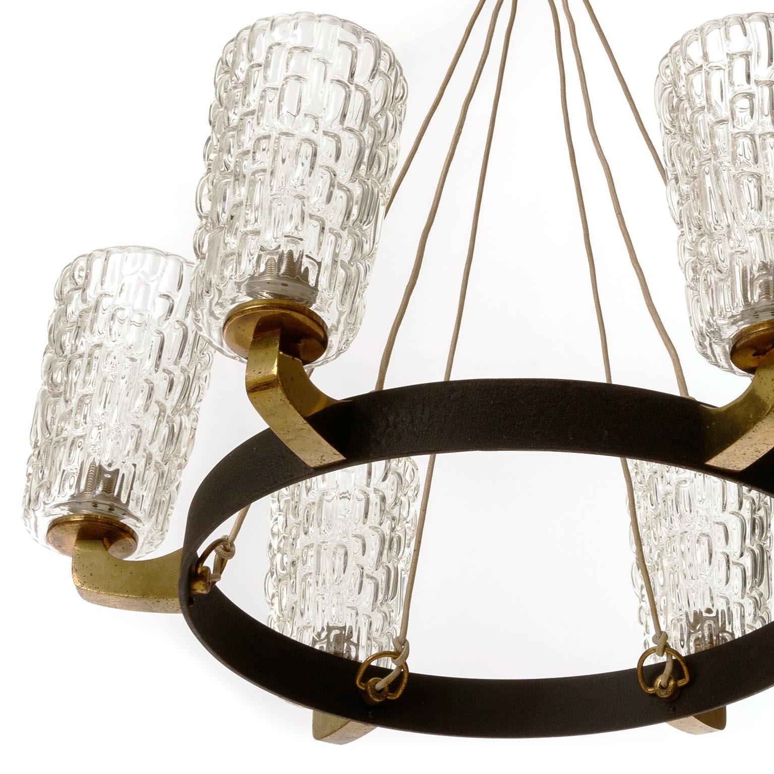 Large Pendant Light Chandelier, Rupert Nikoll, Glass Brass Black Iron, 1960 For Sale 1