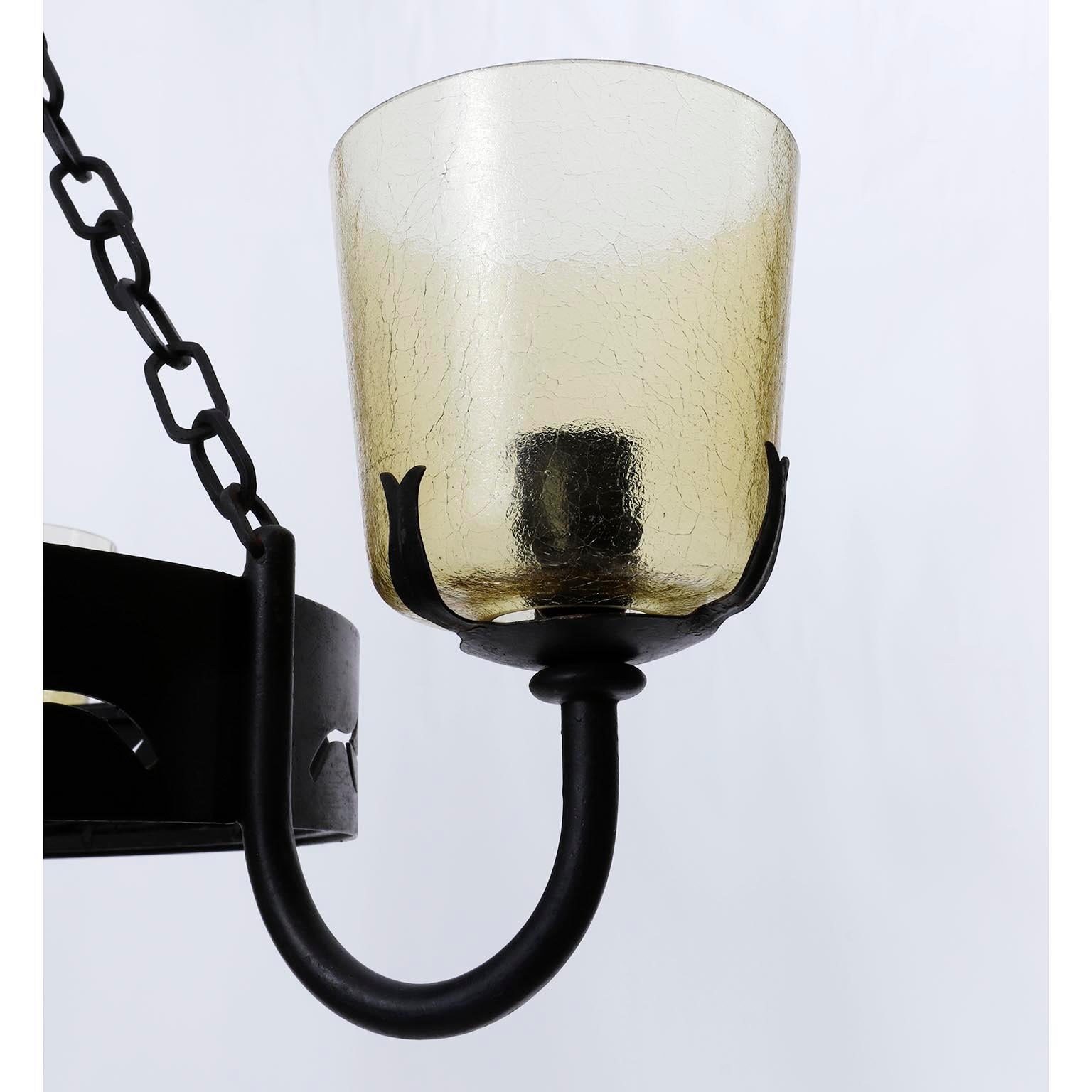 Large Pendant Light Chandelier with Chains, Black Iron Brass Amber Glass, 1960 For Sale 3