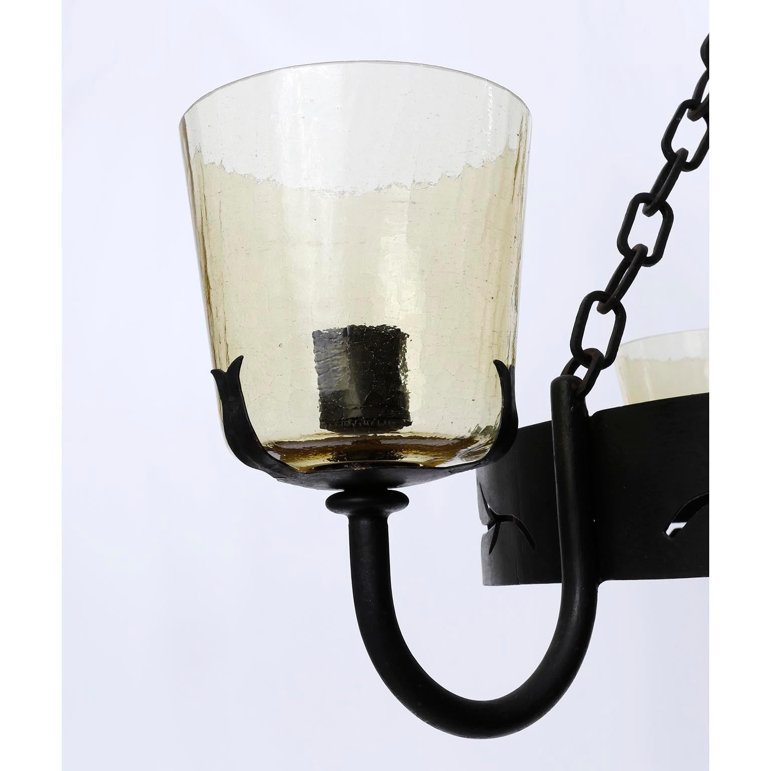 Large Pendant Light Chandelier with Chains, Black Iron Brass Amber Glass, 1960 For Sale 4