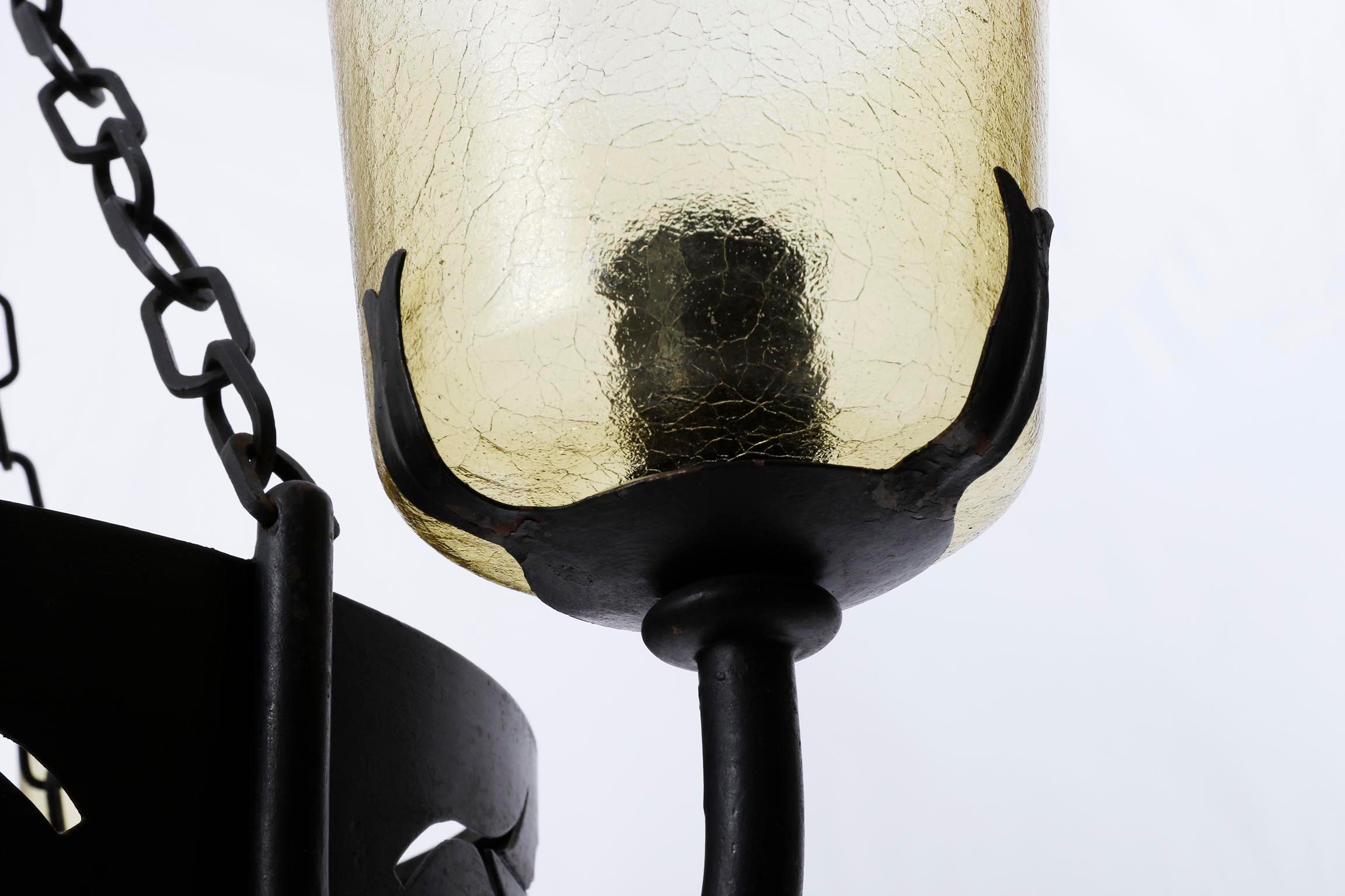 Large Pendant Light Chandelier with Chains, Black Iron Brass Amber Glass, 1960 For Sale 5