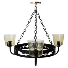 Large Pendant Light Chandelier with Chains, Black Iron Brass Amber Glass, 1960