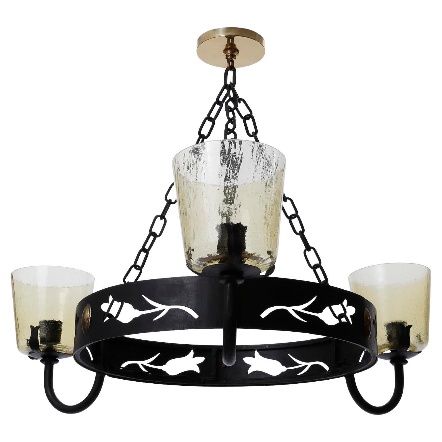 Mid-Century Modern Large Pendant Light Chandelier with Chains, Black Iron Brass Amber Glass, 1960 For Sale