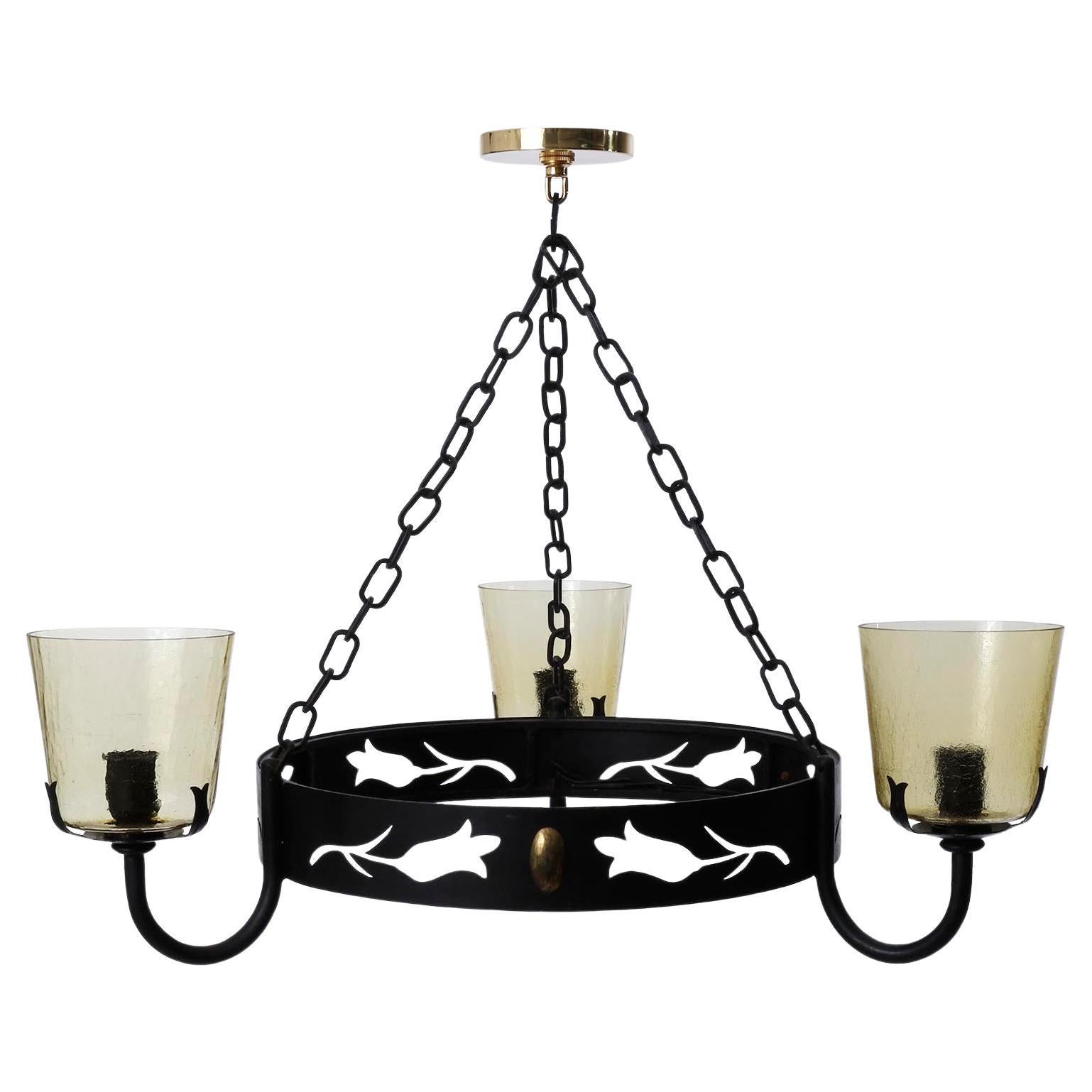 Painted Large Pendant Light Chandelier with Chains, Black Iron Brass Amber Glass, 1960 For Sale