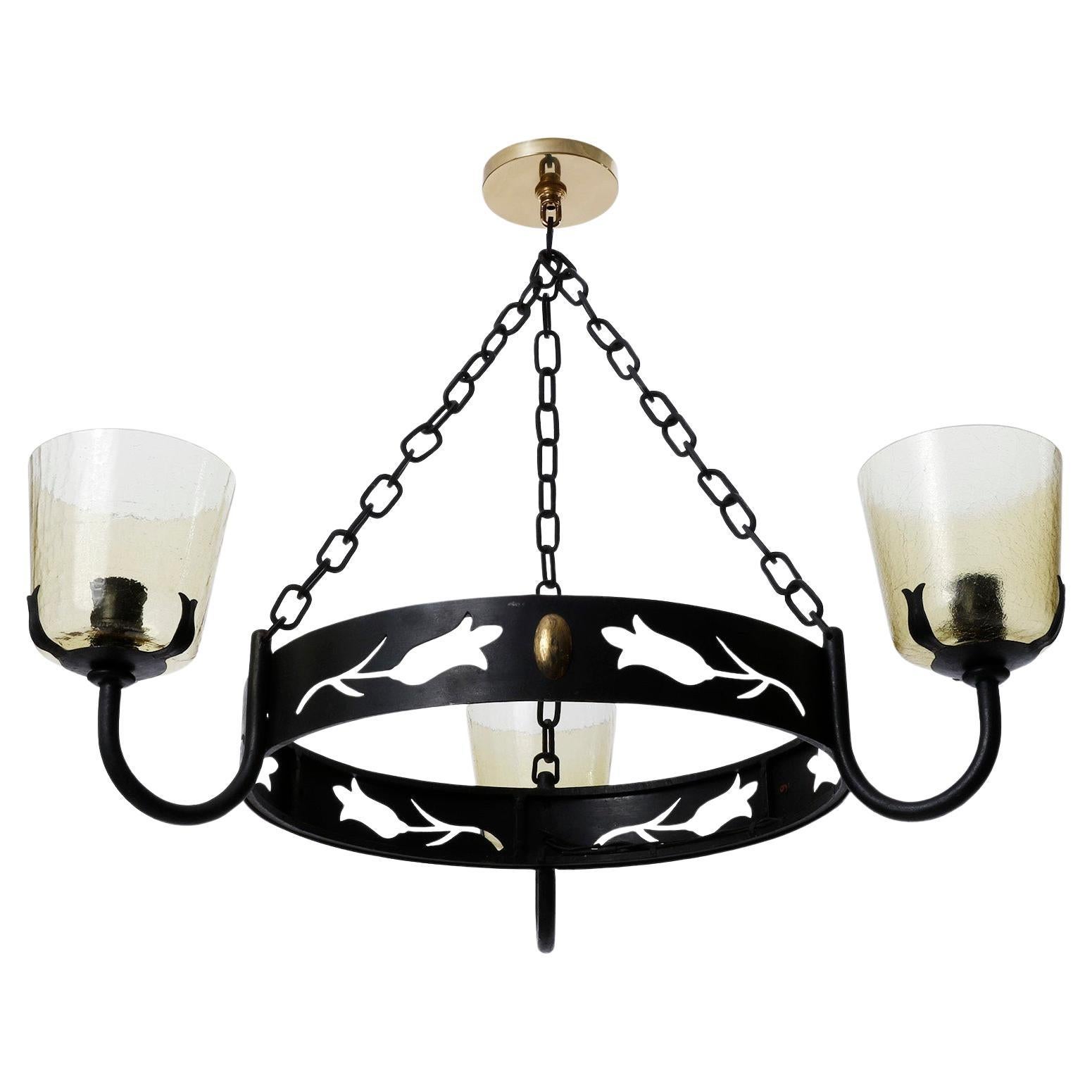 Large Pendant Light Chandelier with Chains, Black Iron Brass Amber Glass, 1960 In Good Condition For Sale In Hausmannstätten, AT