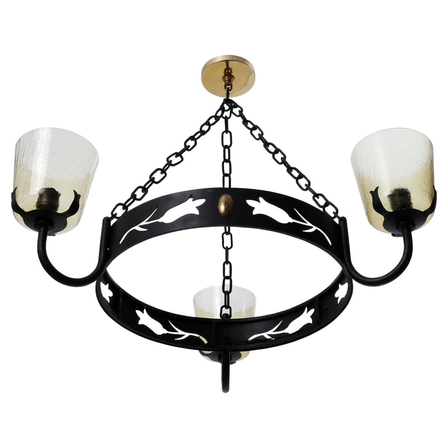 Mid-20th Century Large Pendant Light Chandelier with Chains, Black Iron Brass Amber Glass, 1960 For Sale