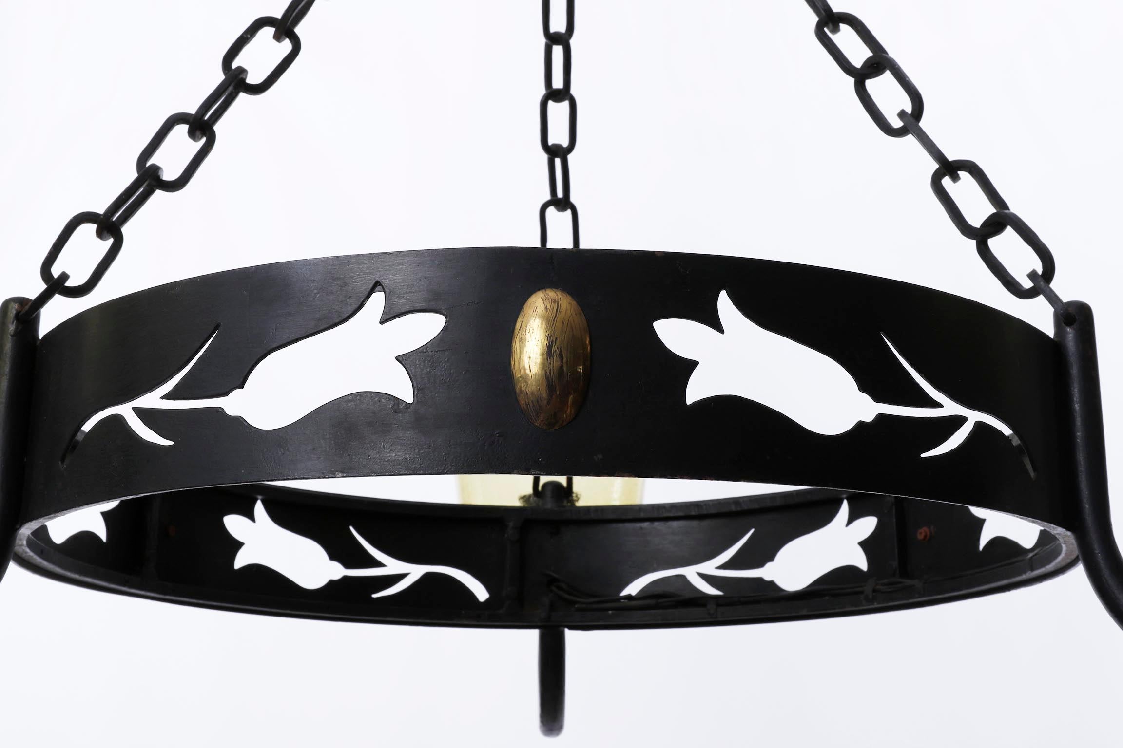 Metal Large Pendant Light Chandelier with Chains, Black Iron Brass Amber Glass, 1960 For Sale
