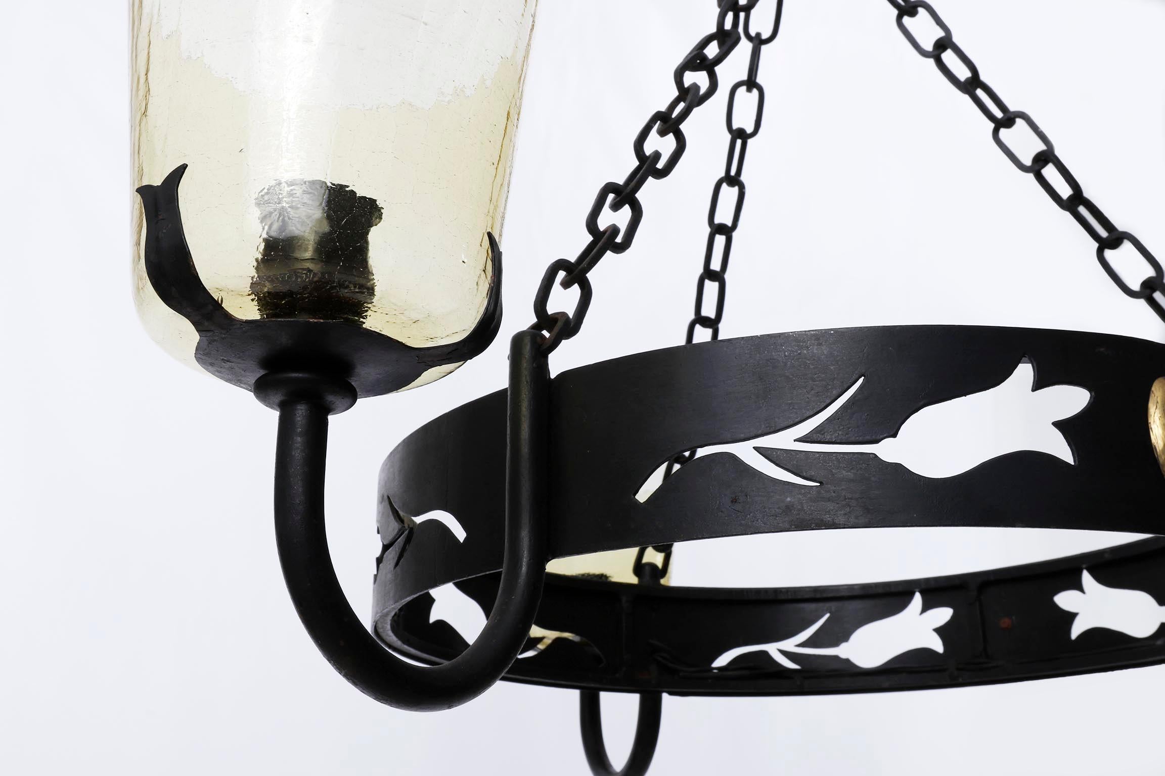 Large Pendant Light Chandelier with Chains, Black Iron Brass Amber Glass, 1960 For Sale 2