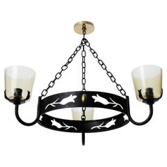 Large Pendant Light Chandelier with Chains, Black Iron Brass Amber Glass, 1960