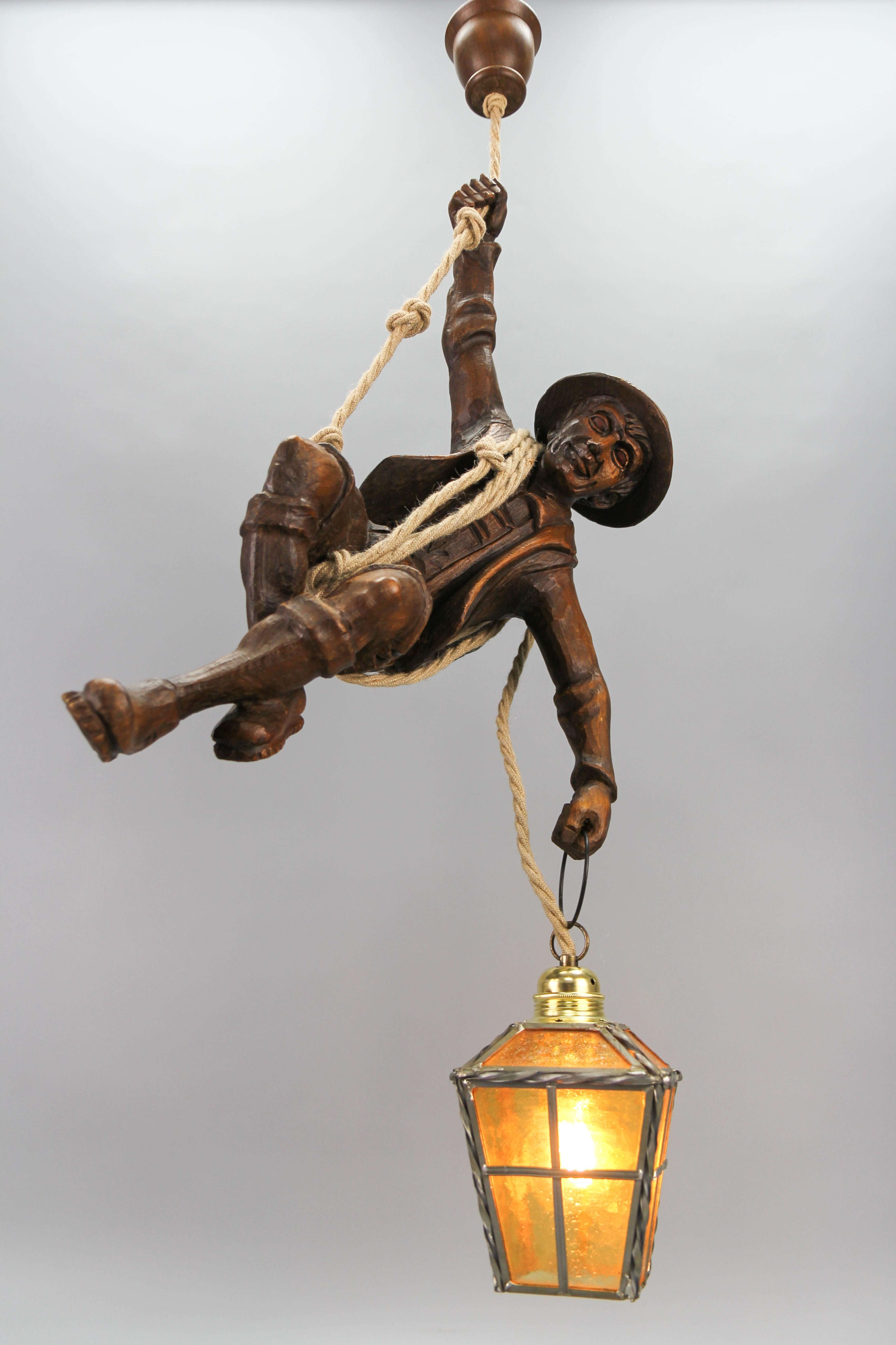 Large Pendant Light Fixture with Carved Climber Figure and Lantern, Germany For Sale 3