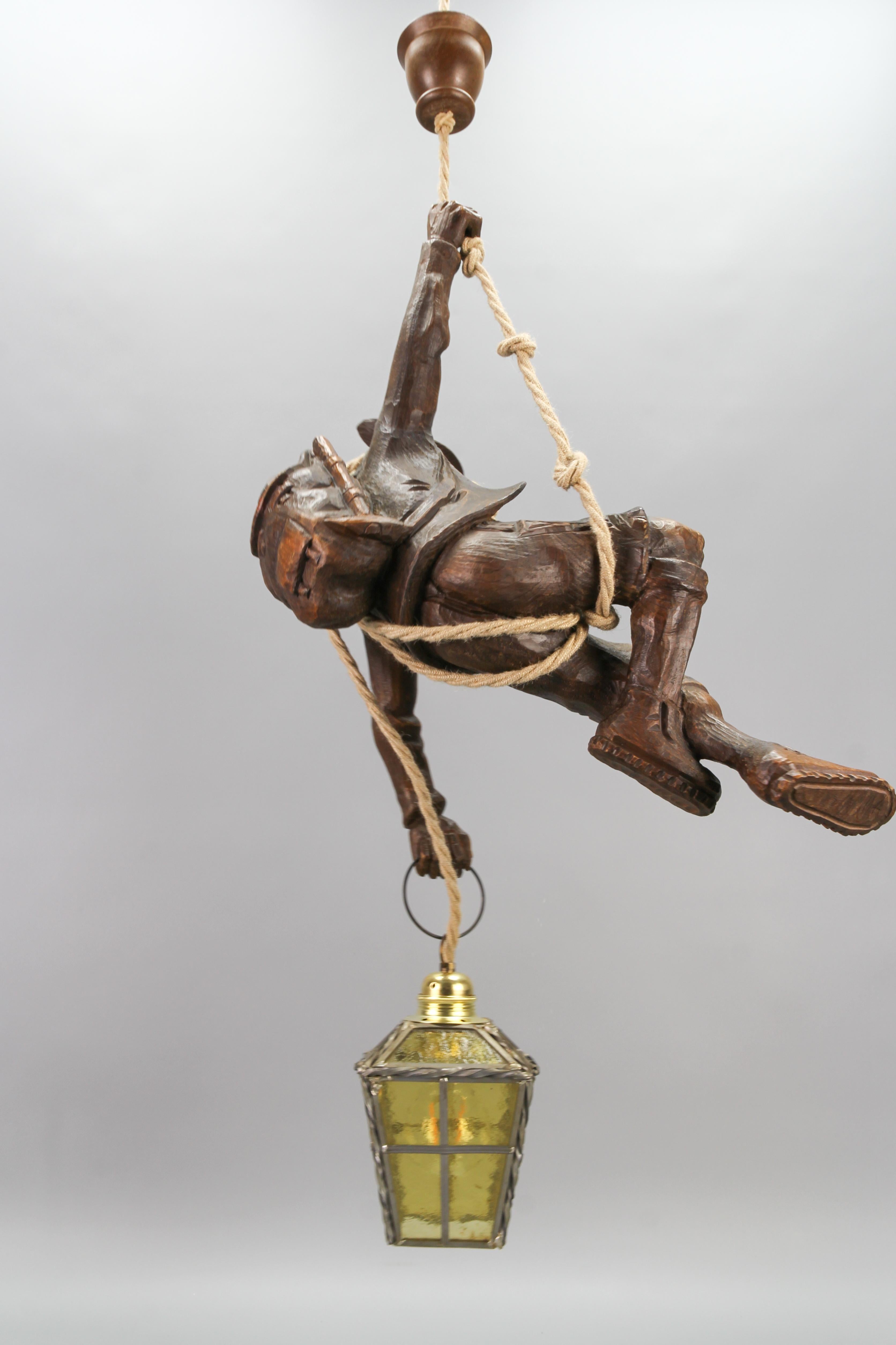 Mid-20th Century Large Pendant Light Fixture with Carved Climber Figure and Lantern, Germany For Sale