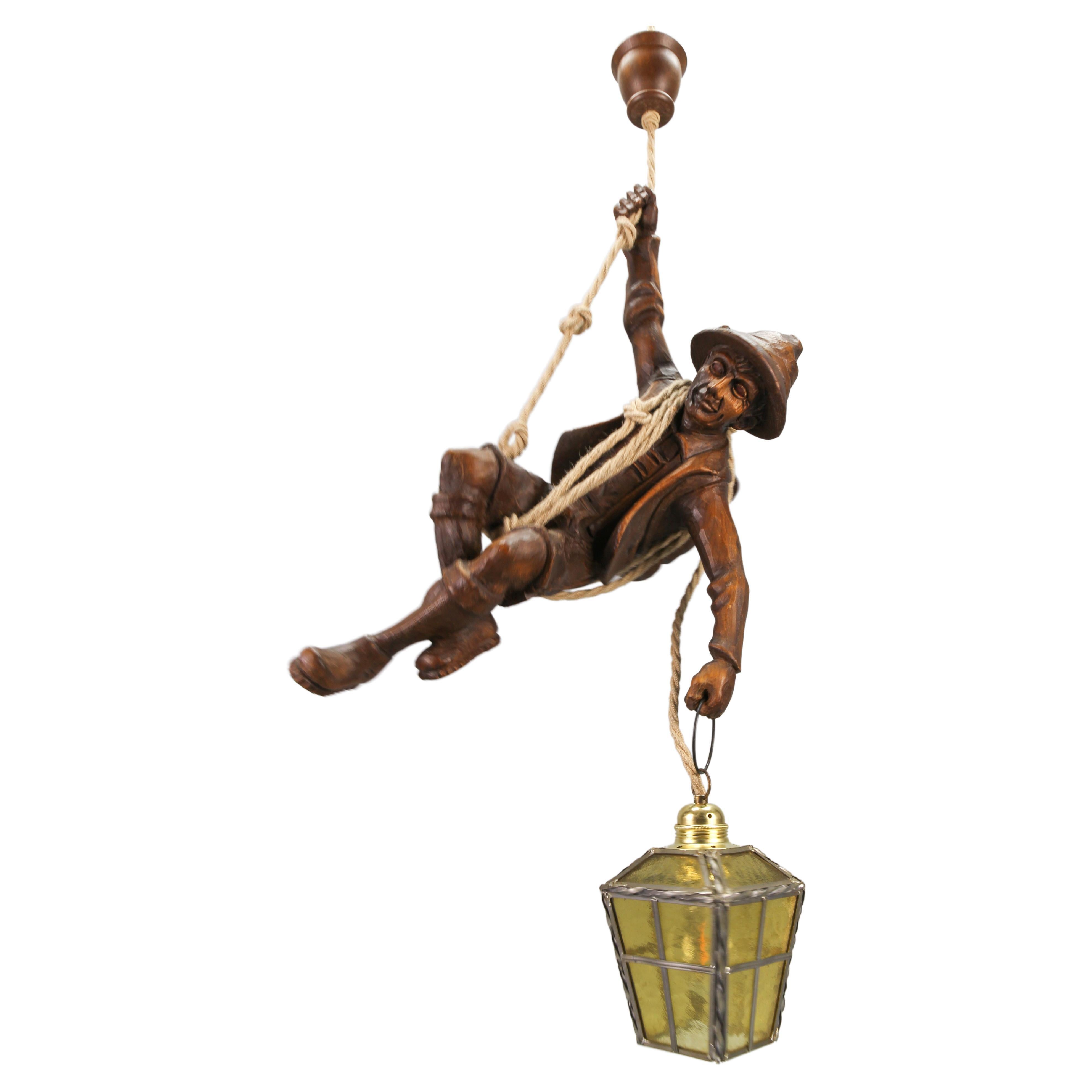 Large Pendant Light Fixture with Carved Climber Figure and Lantern, Germany For Sale