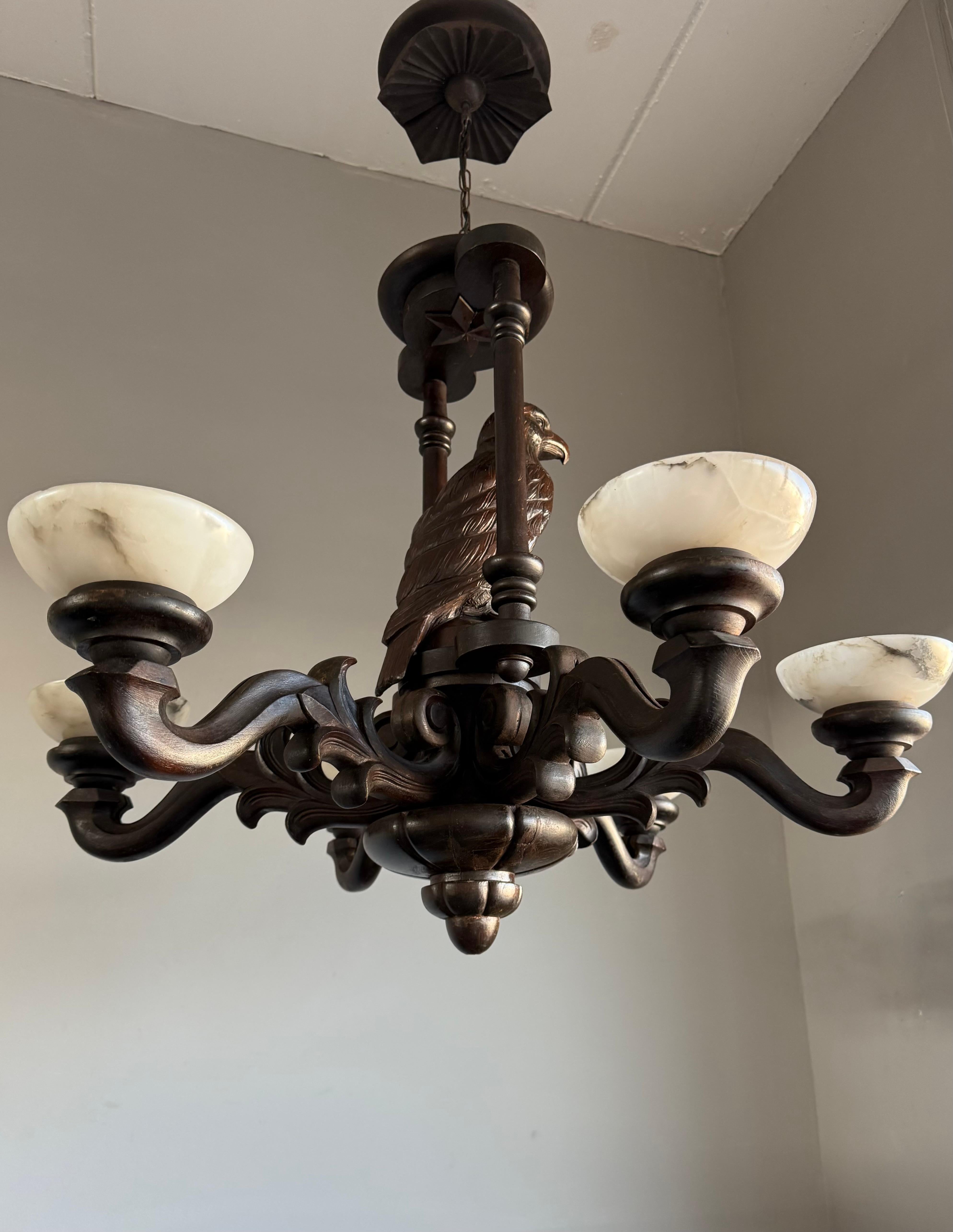 Arts and Crafts Extreme Rare Antique Carved Chandelier with Great American Eagle Sculpture 1920s For Sale
