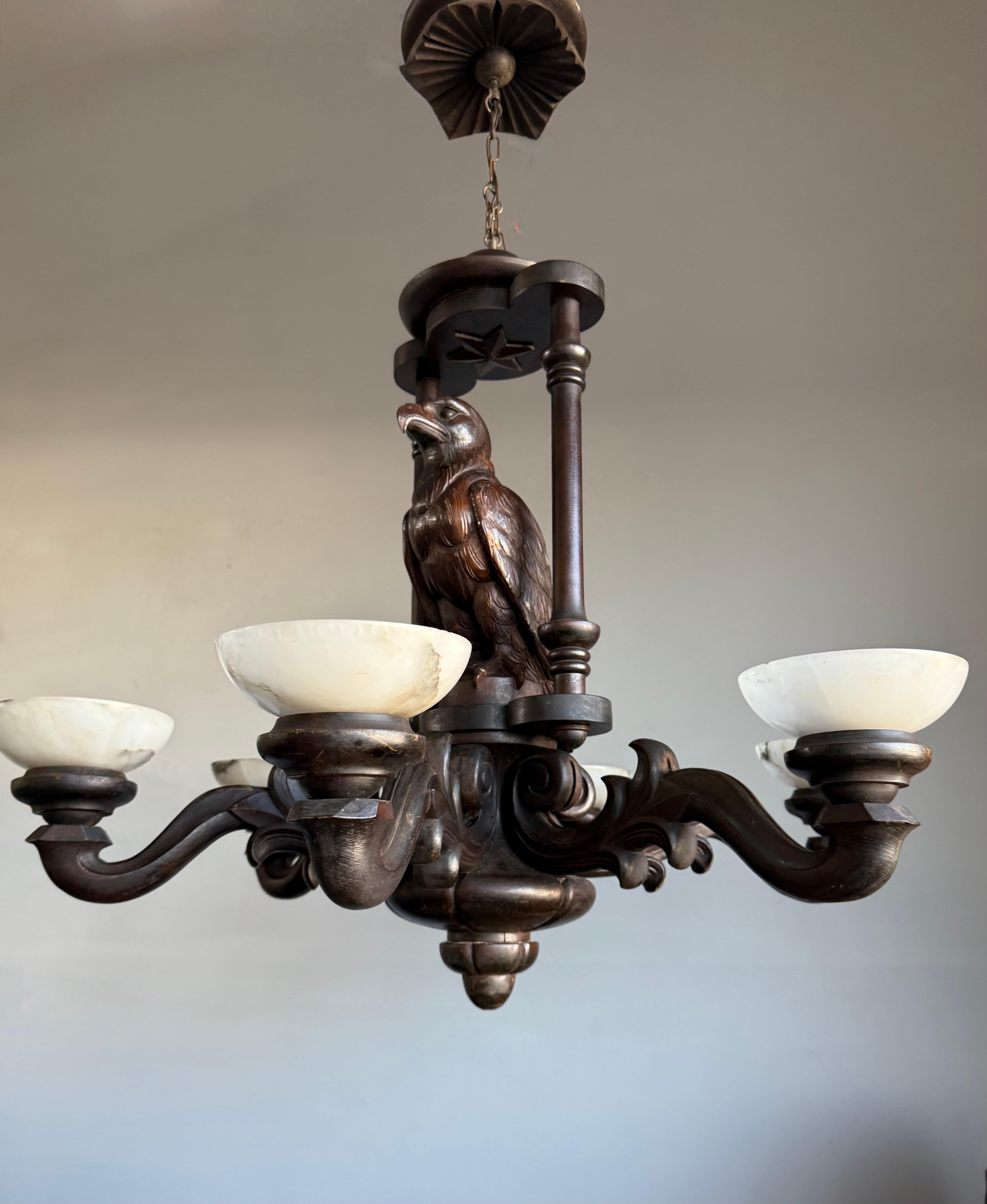 Hand-Carved Extreme Rare Antique Carved Chandelier with Great American Eagle Sculpture 1920s For Sale